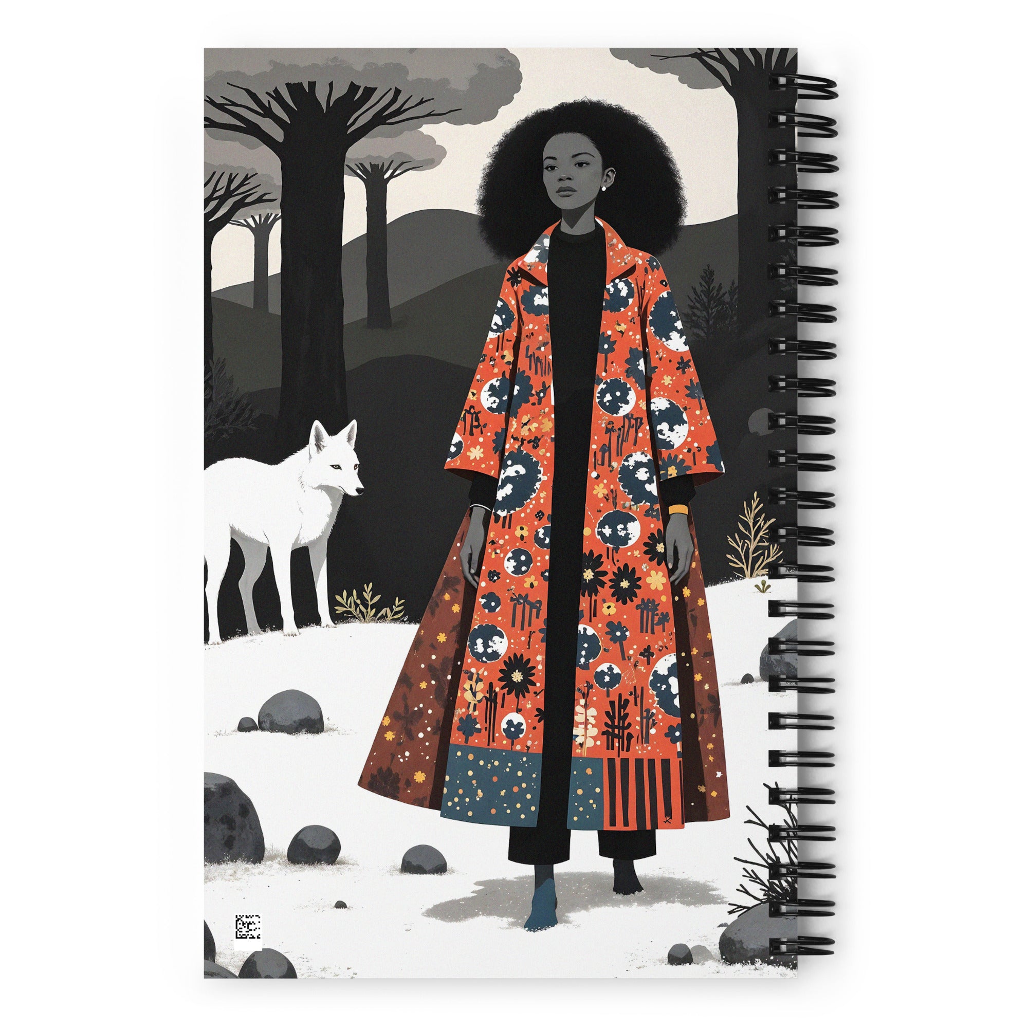 Carnet à spirale A5 Mzelle design illustré d'un personnage féminin africain  avec un loup blanc,  dans un style féérique et poétique dans un décor hivernal