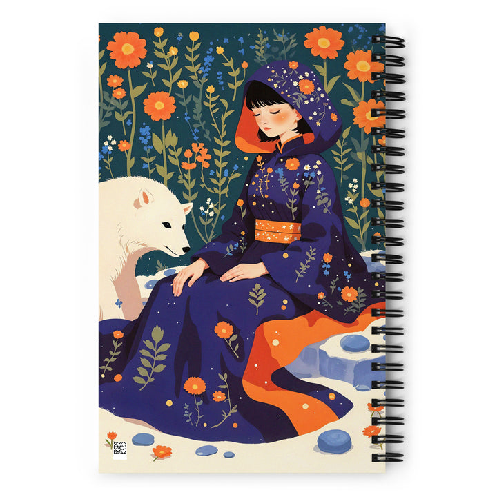 Carnet à spirale A5 Mzelle design illustré d'un personnage féminin et d'un animal dans un style féérique et poétique dans un décor hivernal