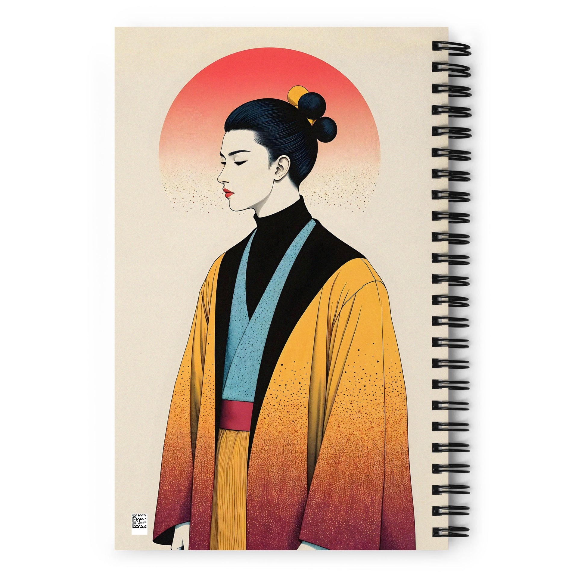 Carnet à spirale A5 MZelle Design illustration recto verso avec une femme en kimono rouge et jaune sur fond écru