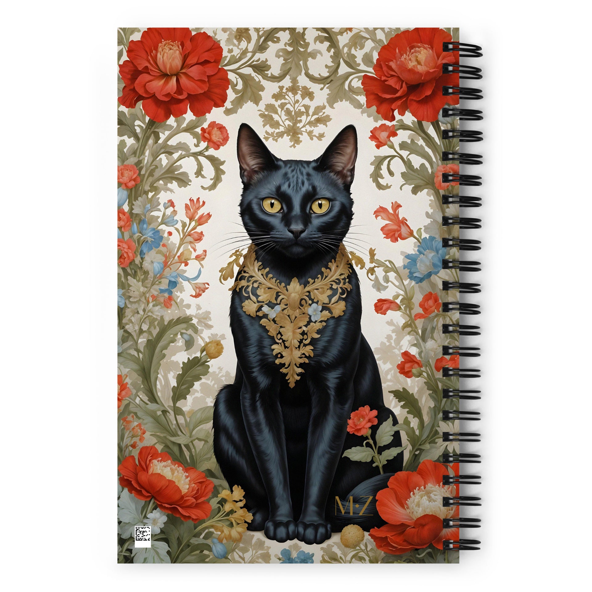 Carnet à spirale MZelle Design format A5 illustré recto verso motif chat noir baroque sur fond de fleurs