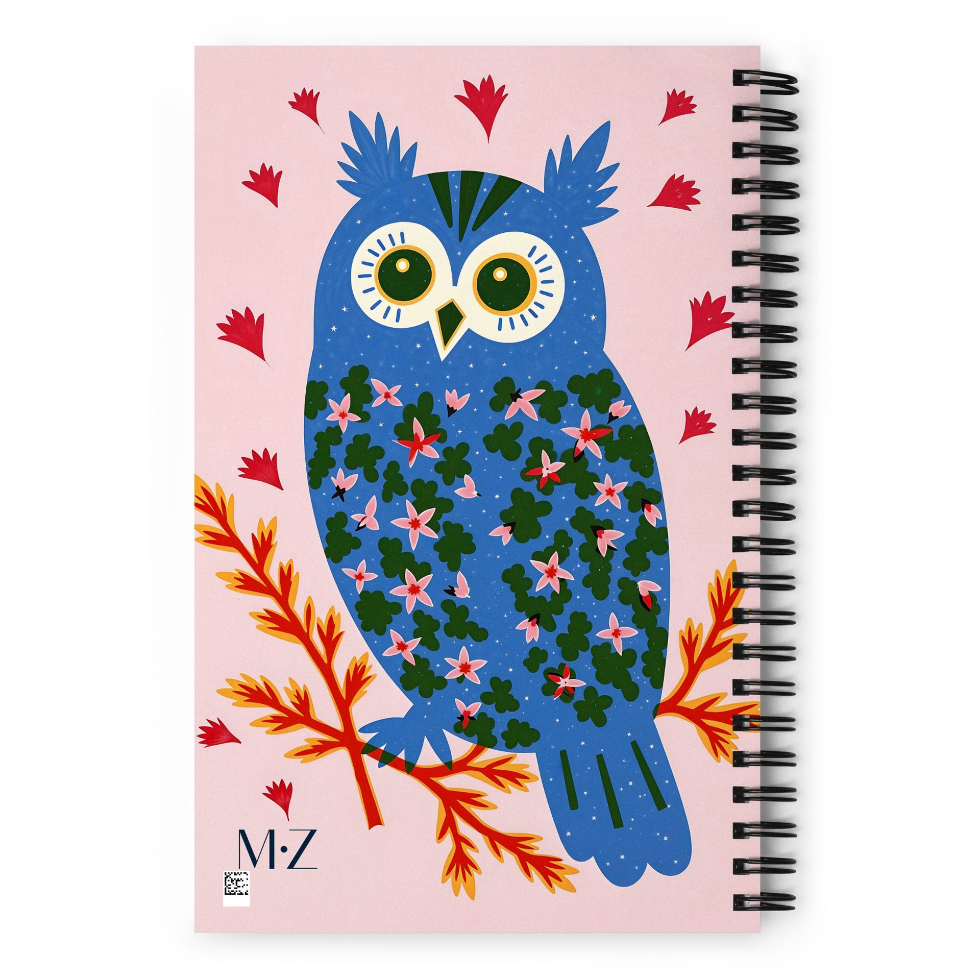 Carnet à spirale A5 MZelle Design Motif illustré moderne de Hiboux, recto et verso sur un fond uni rose