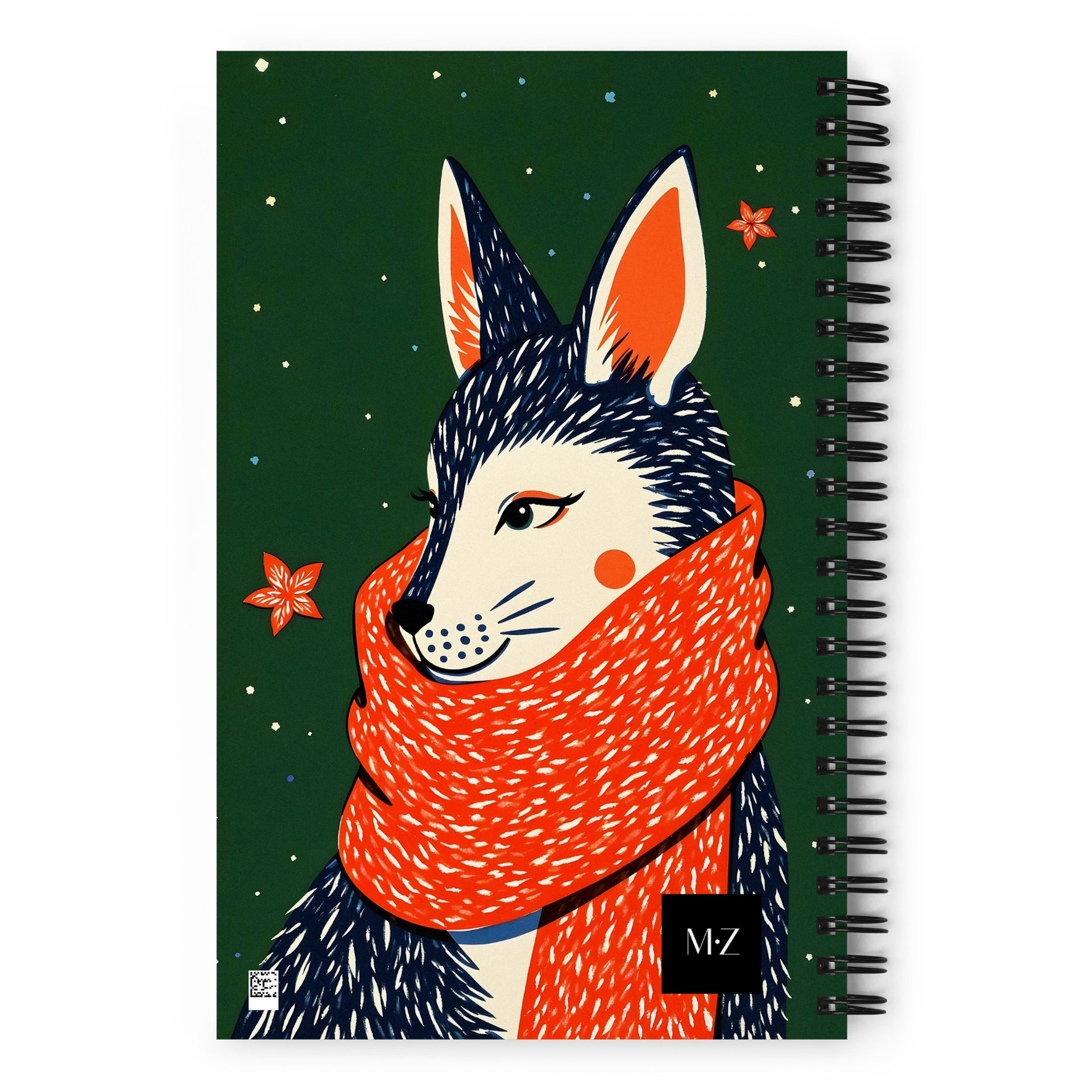 Carnet à spirale A5 MZelle Design Motif illustré moderne, renard avec une écharppe rouge, recto et verso sur un fond uni vert
