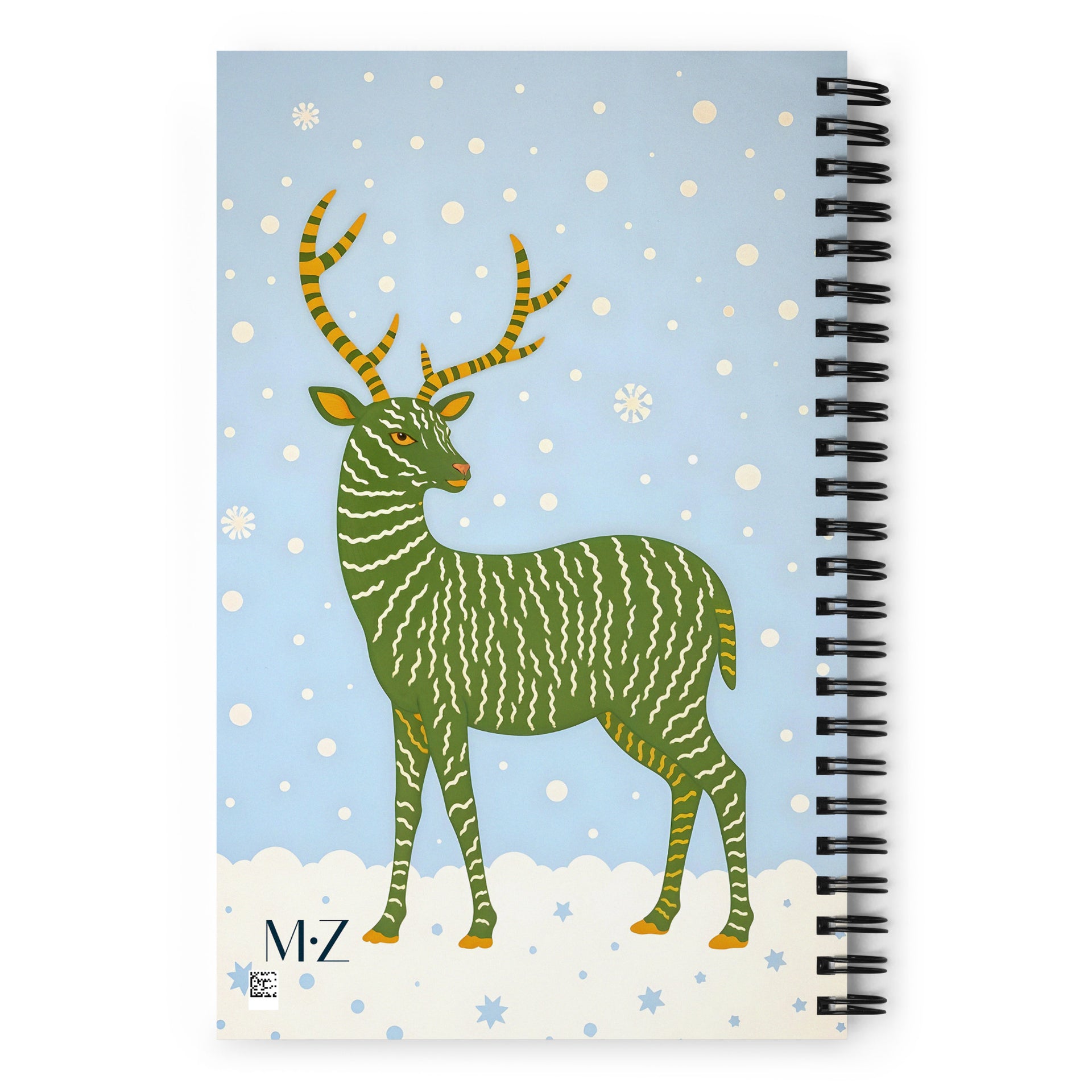 Carnet à spirale A5 MZelle Design Motif illustré moderne de cerfs verts recto et verso sur un fond bleu ciel