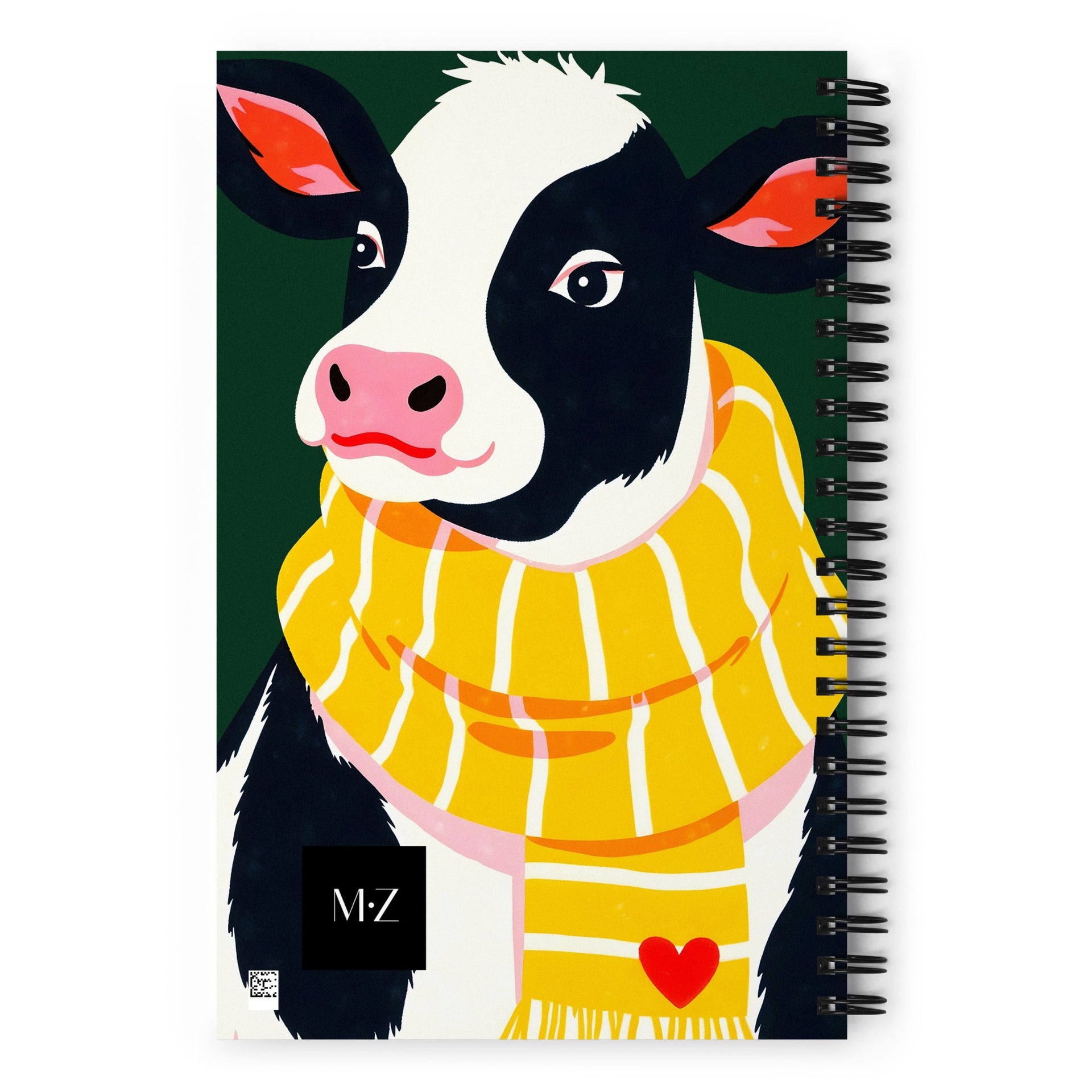 Carnet à spirale A5 MZelle Design Motif illustré moderne de vaches avec une écharpe jaune, recto et verso sur un fond uni rose vif vert anglais.