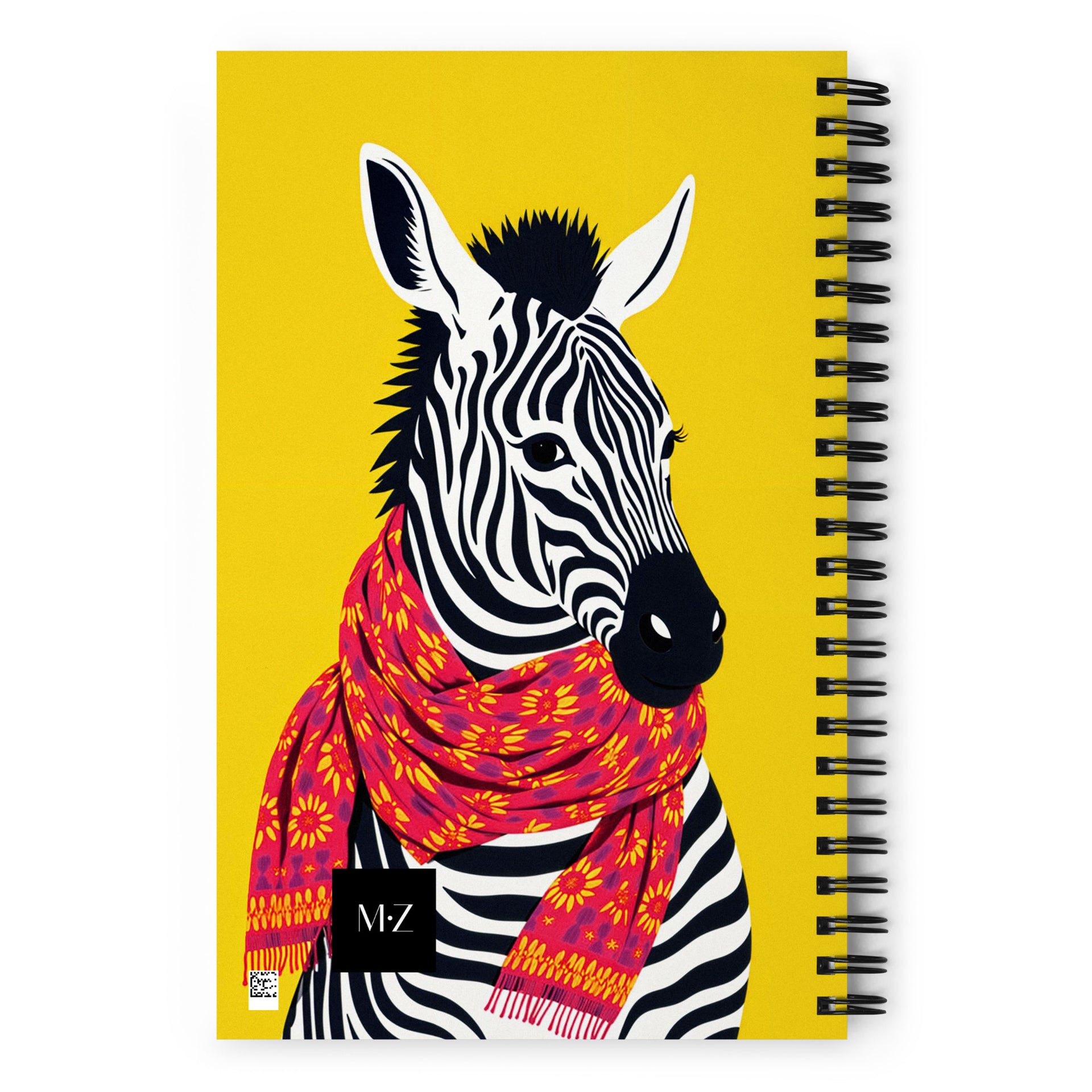 Carnet à spirale A5 MZelle Design couverture illustrée moderne, des zèbres graphiques avec une écharpe, recto et verso sur un fond uni jaune vif