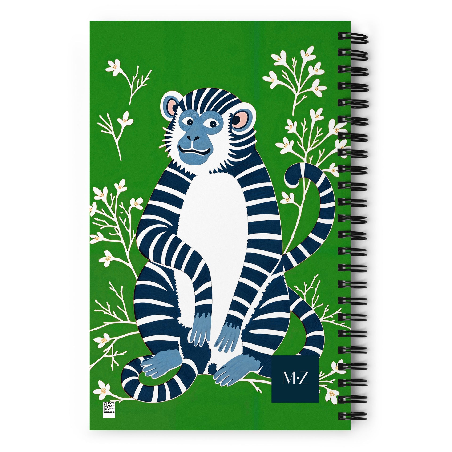 Carnet à spirale A5 MZelle Design couverture illustrée moderne, des singes rayés graphiques  recto et verso sur un fond uni bleu ou vert.