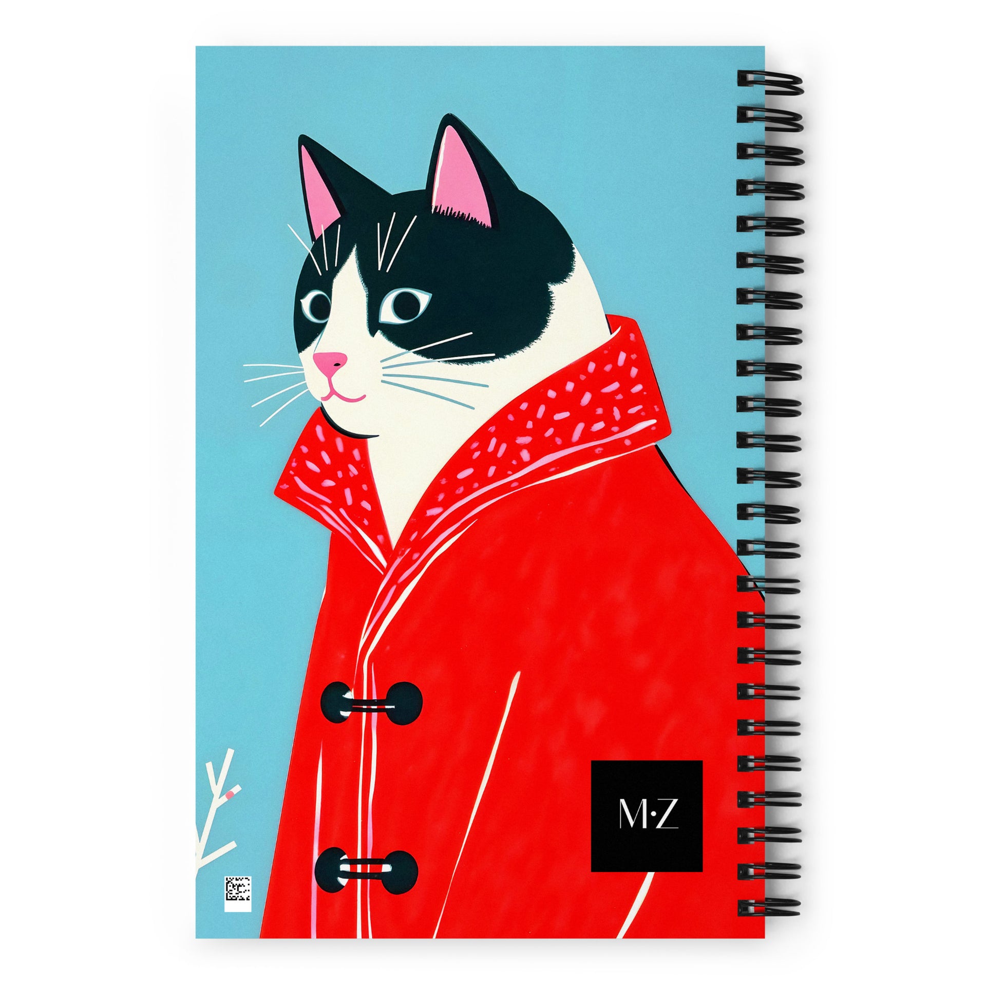 Carnet à spirale A5 MZelle Design couverture illustrée moderne, chats bicolores  graphiques habillés de manteau rouge