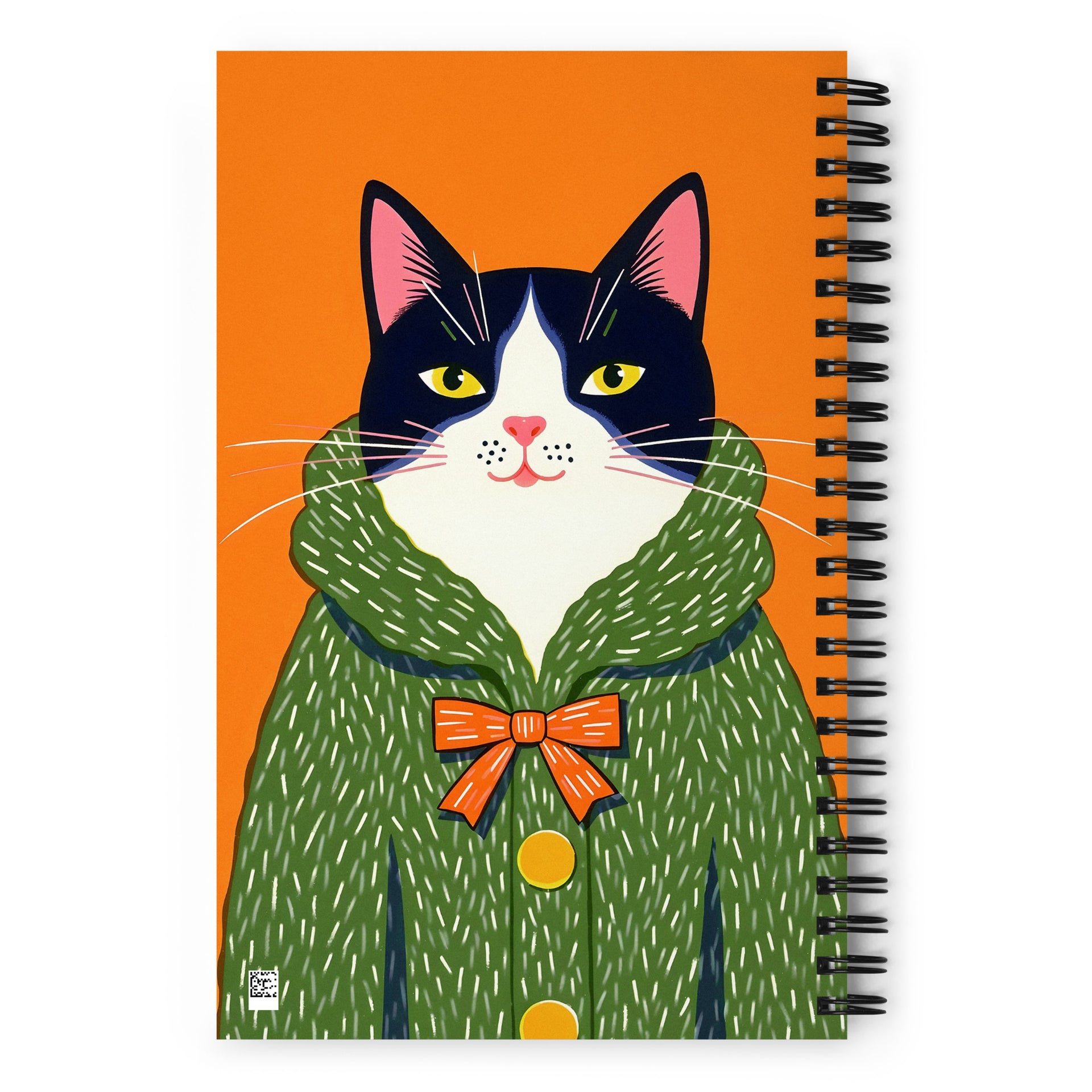 Carnet A5 Crunchy Truffle Mzelle design, style naïf et graphique, chats bicolore mignon habillé de pull sur fond orange vif