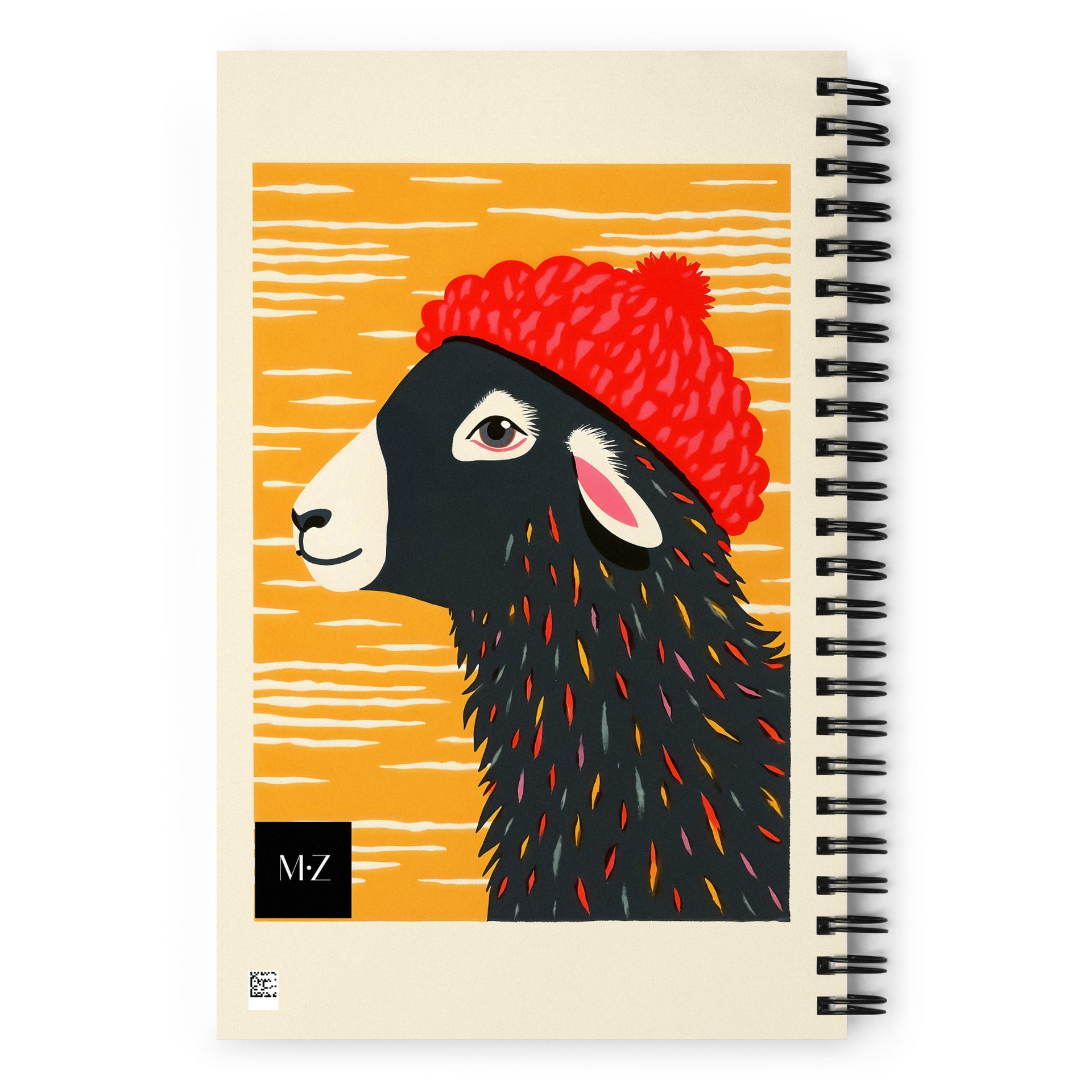 Carnet à spirale A5 MZelle Design couverture illustrée moderne, moutons graphiques avec un bonnet rouge, recto et verso sur un fond jaune.
