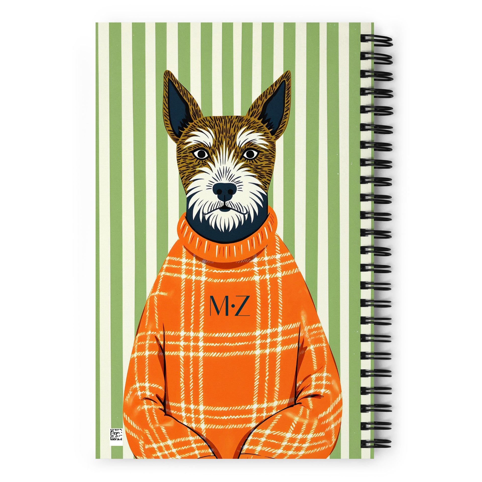 Carnet à spirale A5 MZelle Design couverture illustrée moderne, des chiens scottish terriers graphiques avec un pull orange, recto et verso sur un fond rayé vert.