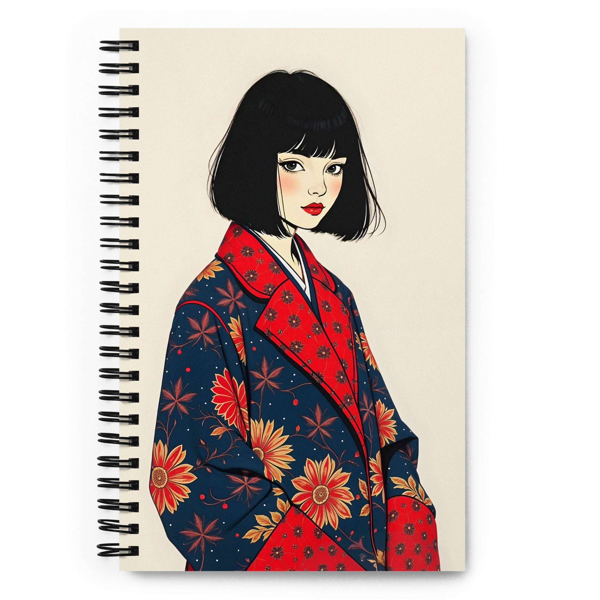 Carnet a spirale A5 MZelle Design édition limitée, illustration jeune fille en kimono moderne rouge et bleu sur fond écru