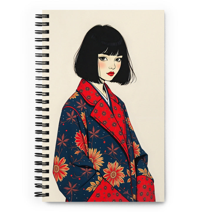 Carnet a spirale A5 MZelle Design édition limitée, illustration jeune fille en kimono moderne rouge et bleu sur fond écru