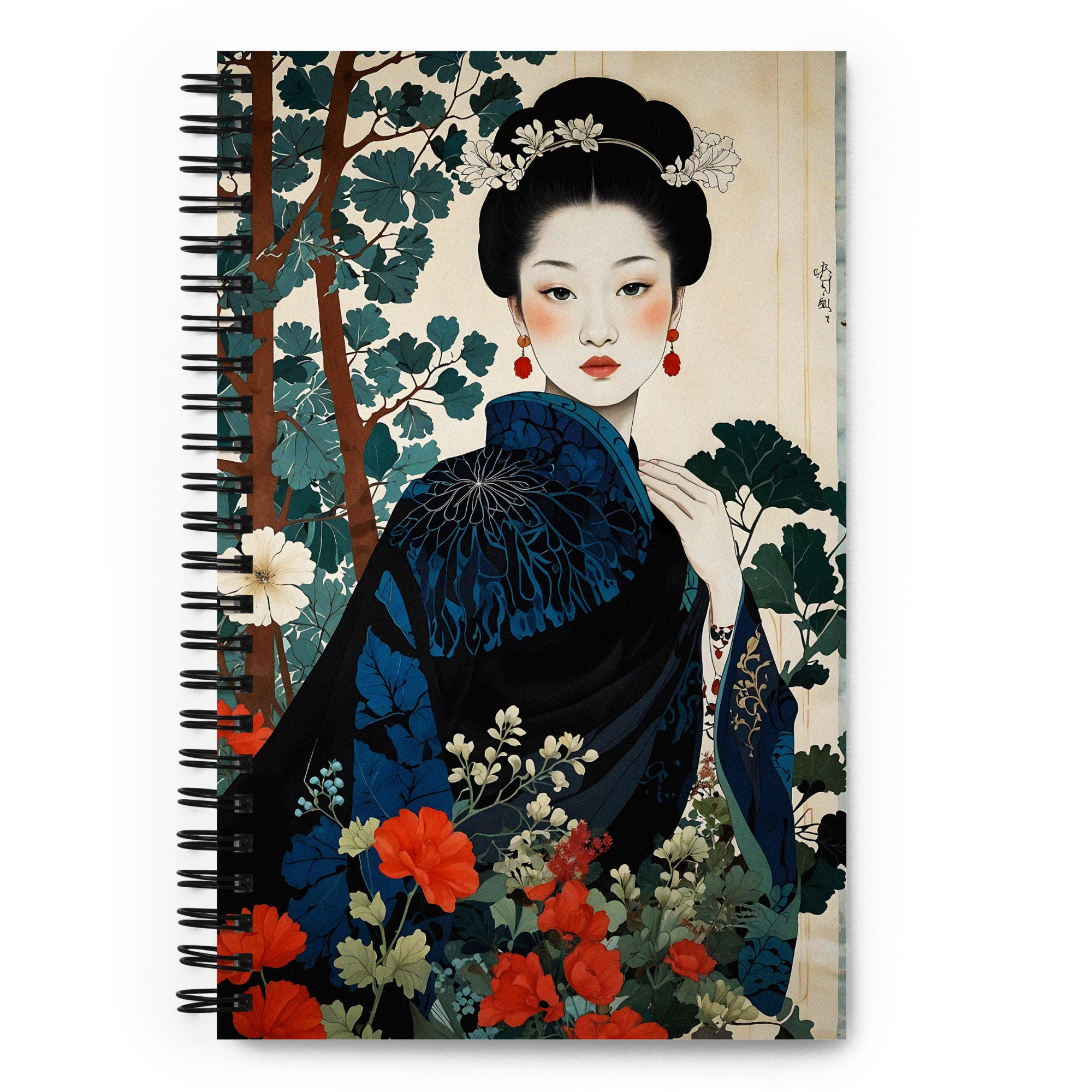 Carnet à spirale A5 - Illustration Moderne Femme Chinoise entourée de fleurs Mzelle Design