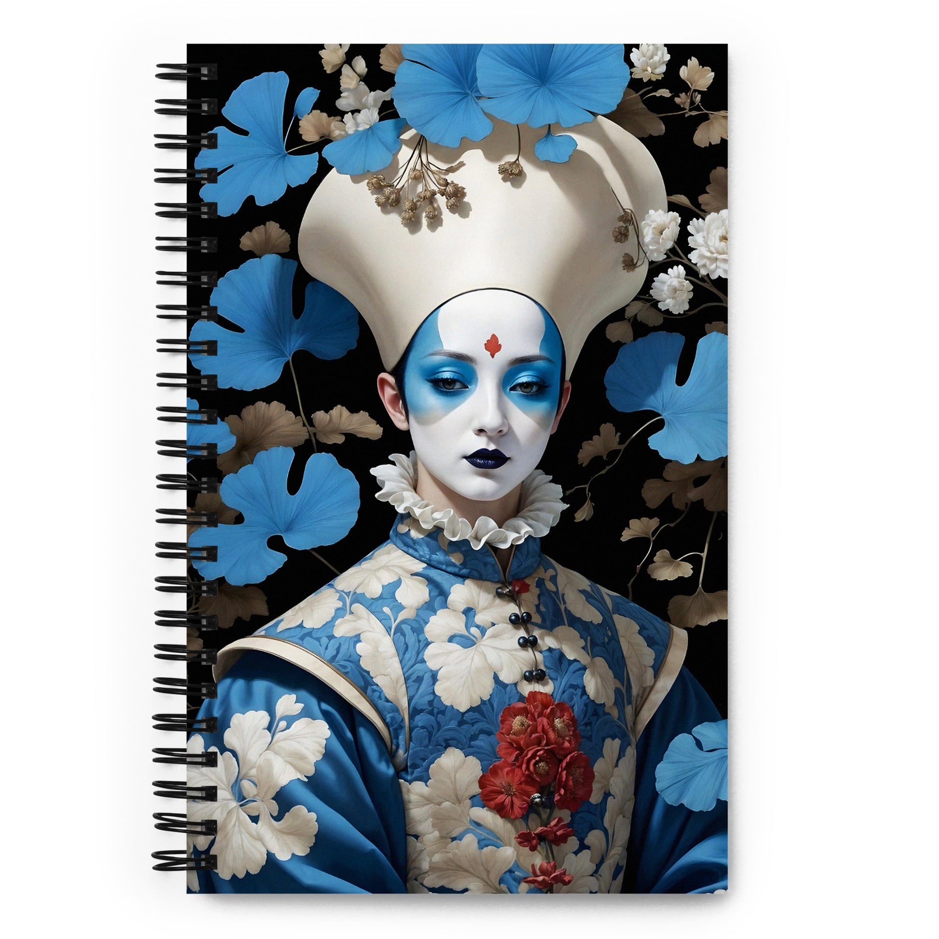 Carnet à spirale A5 - Illustration Pierrot Lunaire Moderne habillé de bleu sur fond de ginkgo mzelle design