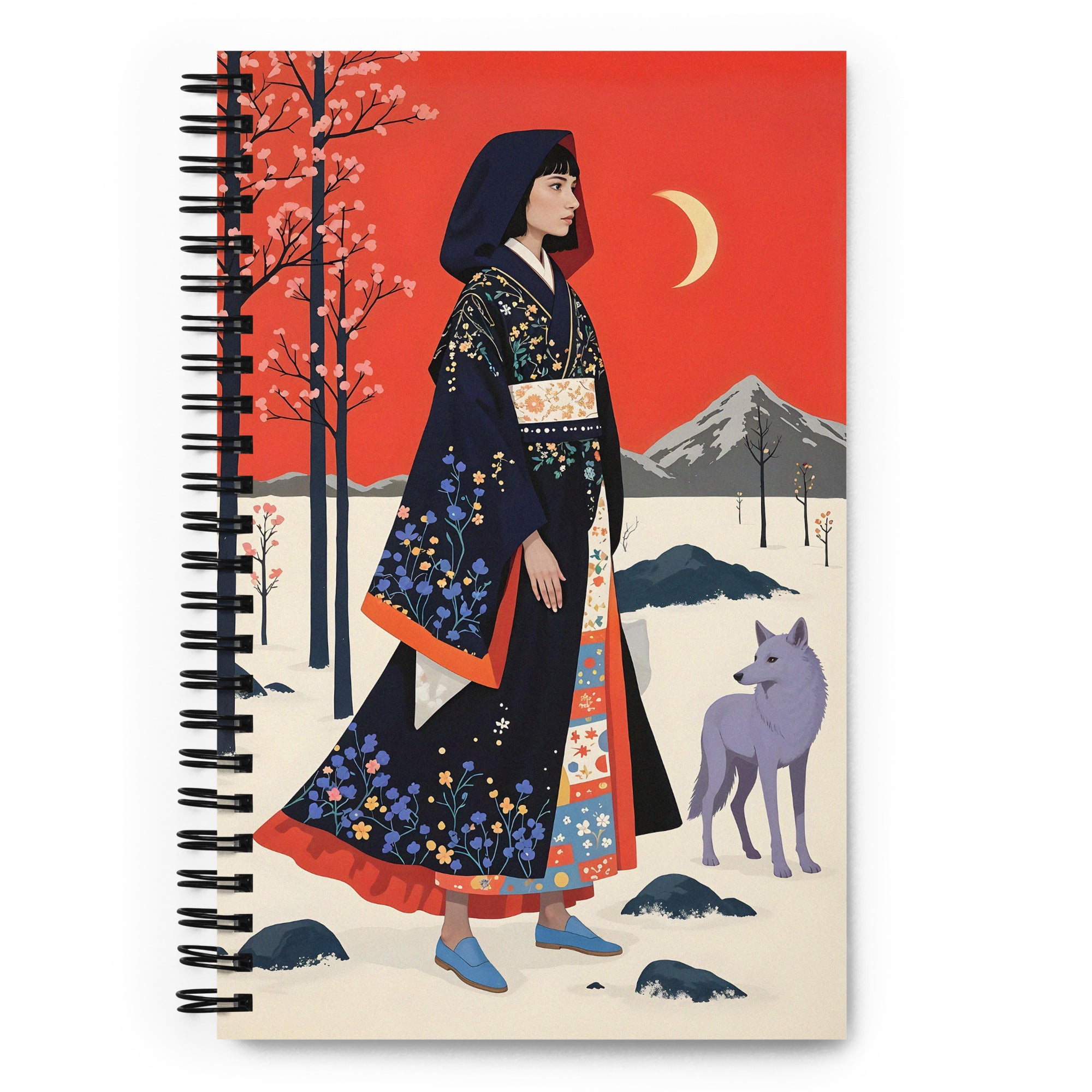 Carnet à spirale A5 Mzelle design illustré d'un personnage féminin et d'un animal dans un style féérique et poétique dans un décor hivernal