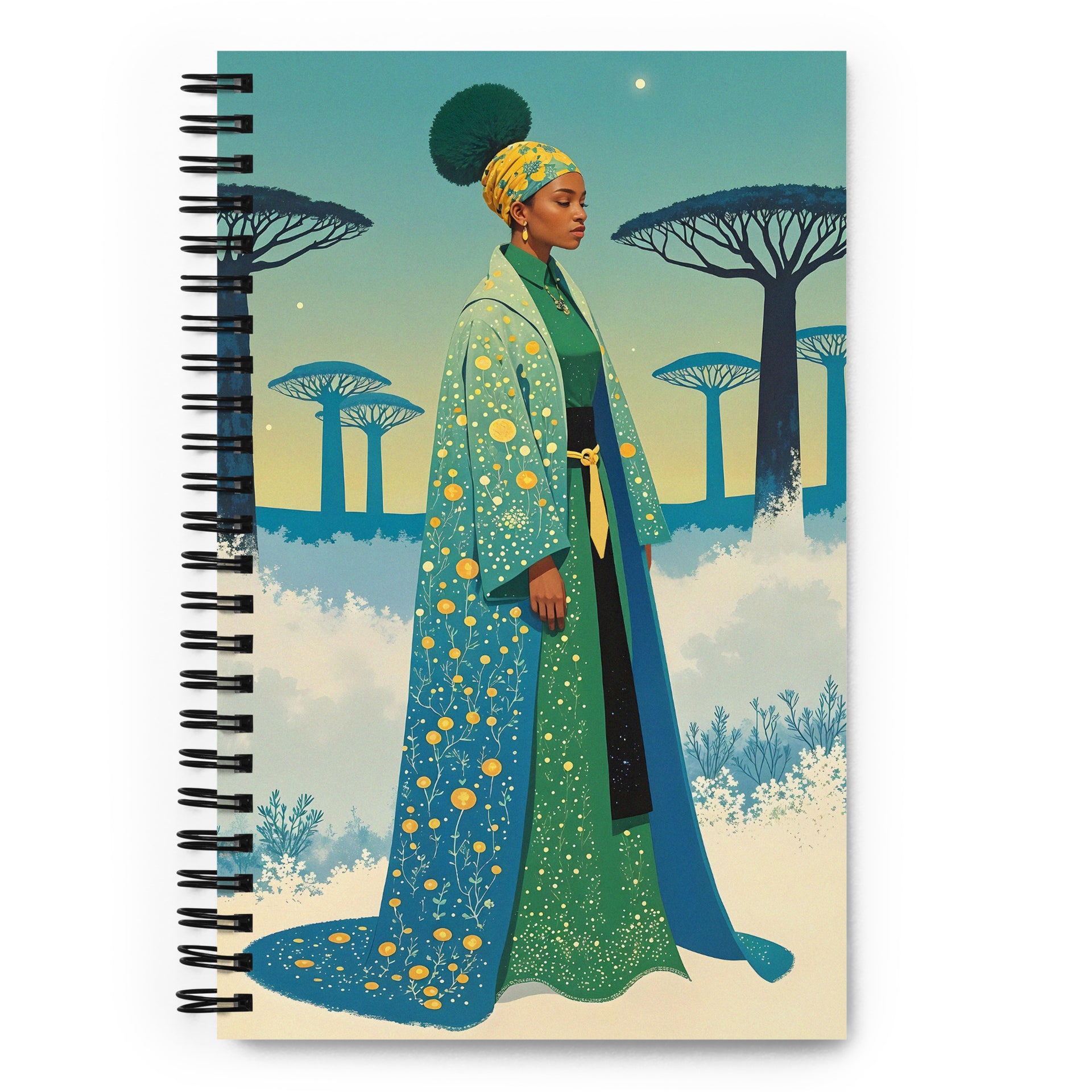 Carnet à spirale A5 Mzelle design illustré d'un personnage féminin africain  dans un style féérique et poétique dans un décor hivernal