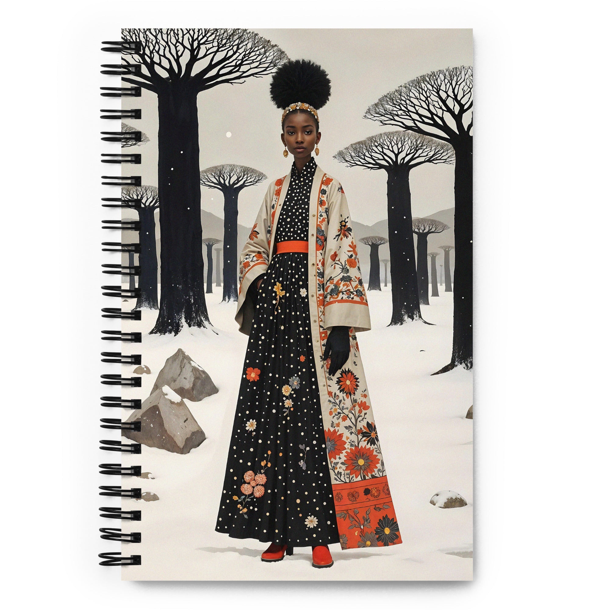 Carnet à spirale A5 Mzelle design illustré d'un personnage féminin africain  dans un style féérique et poétique dans un décor hivernal