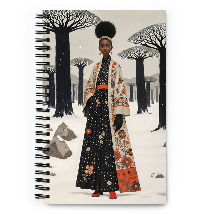 Carnet à spirale A5 Mzelle design illustré d'un personnage féminin africain  dans un style féérique et poétique dans un décor hivernal