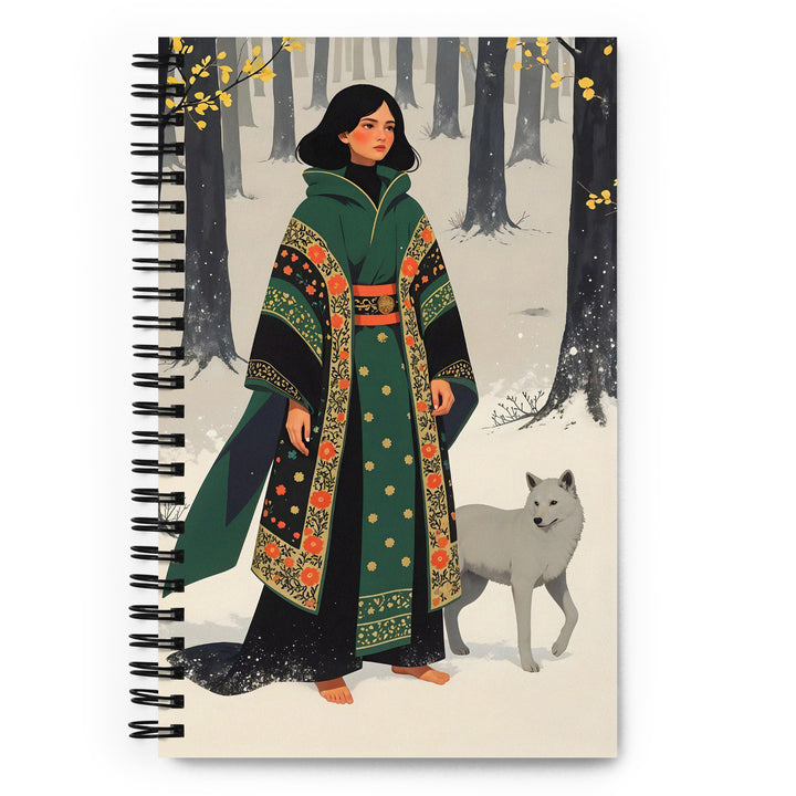 Carnet à spirale A5 Mzelle design illustré d'un personnage féminin et d'un animal dans un style féérique et poétique dans un décor hivernal