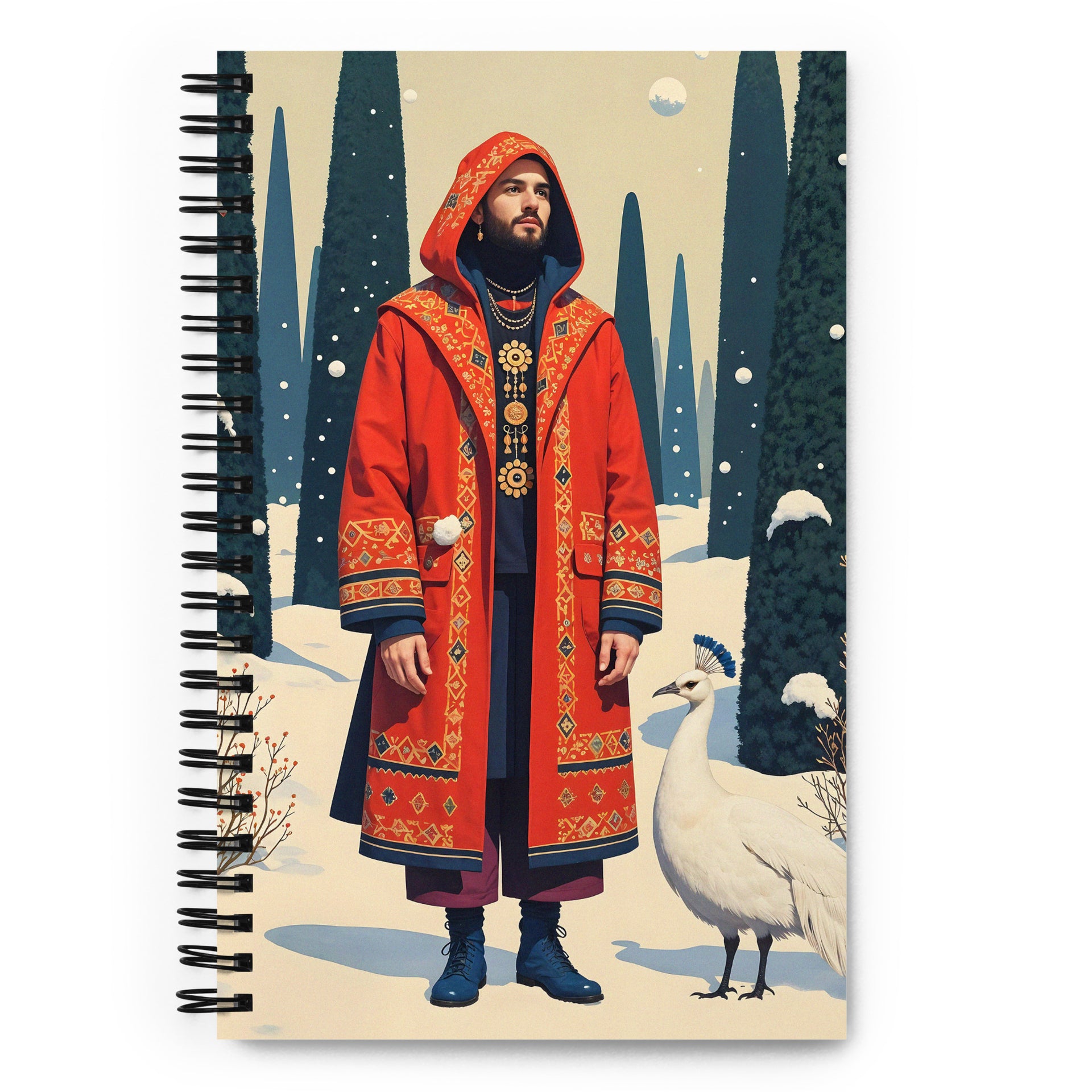 Carnet a spirale A5 MZelle Design édition limitée, illustration homme debout dans la neige habillé d'un manteau rouge, paon blanc à côté