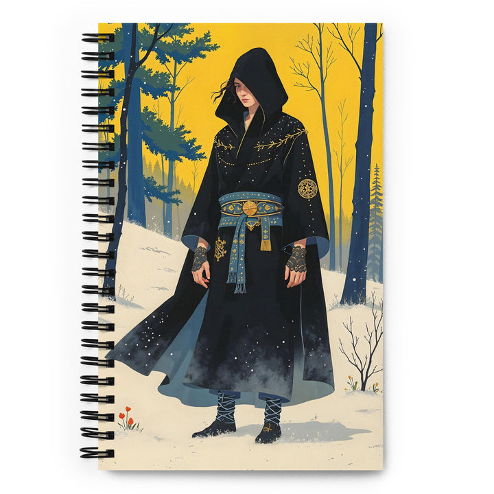 Carnet a spirale A5 MZelle Design édition limitée, illustration homme debout dans la neige habillé en tenue noir et or