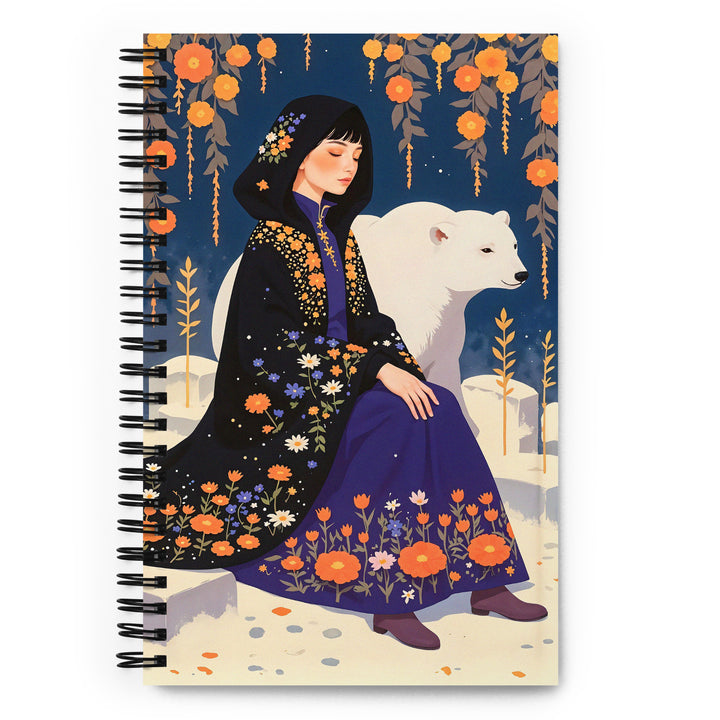 Carnet à spirale A5 Mzelle design illustré d'un personnage féminin et d'un ours dans un style féérique et poétique dans un décor hivernal