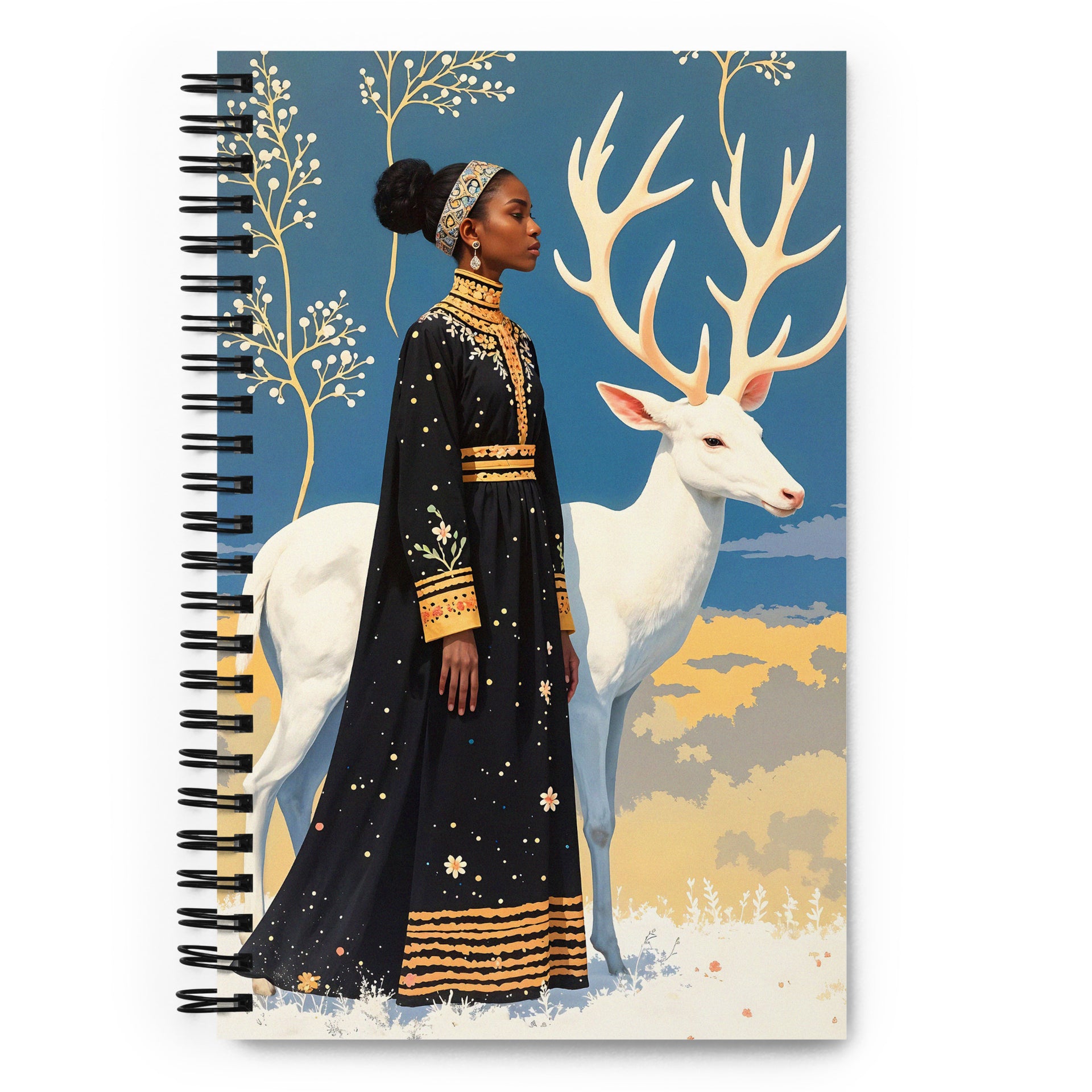 Carnet a spirale A5 MZelle Design édition limitée, illustration de femme en habits précieux avec un cerf blanc