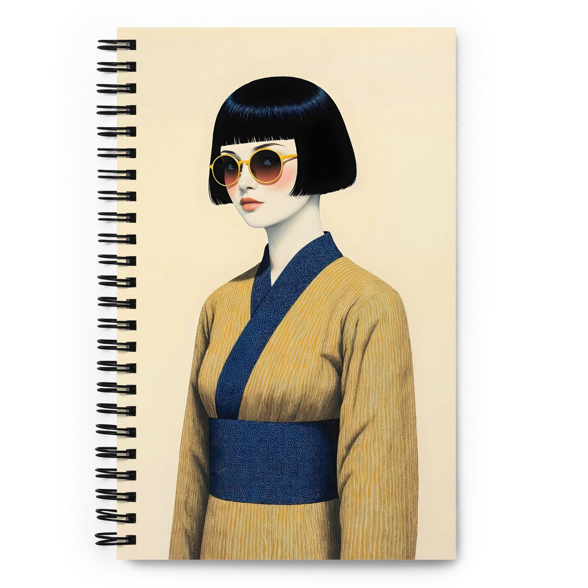 Carnet a spirale A5 Mzelle Design édition limitée, illustration femme à lunettes en kimono  sur fond écru