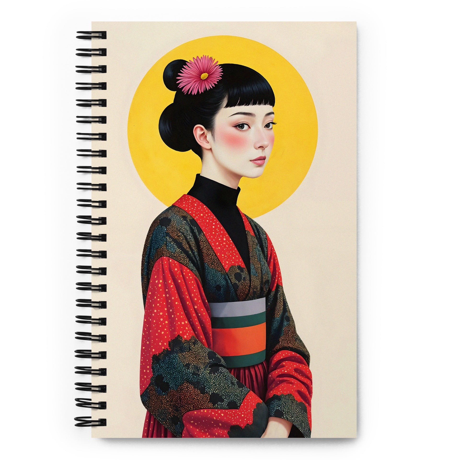 Carnet à spirale A5 MZelle Design illustration recto verso avec une femme en kimono rouge et noir sur fond écru