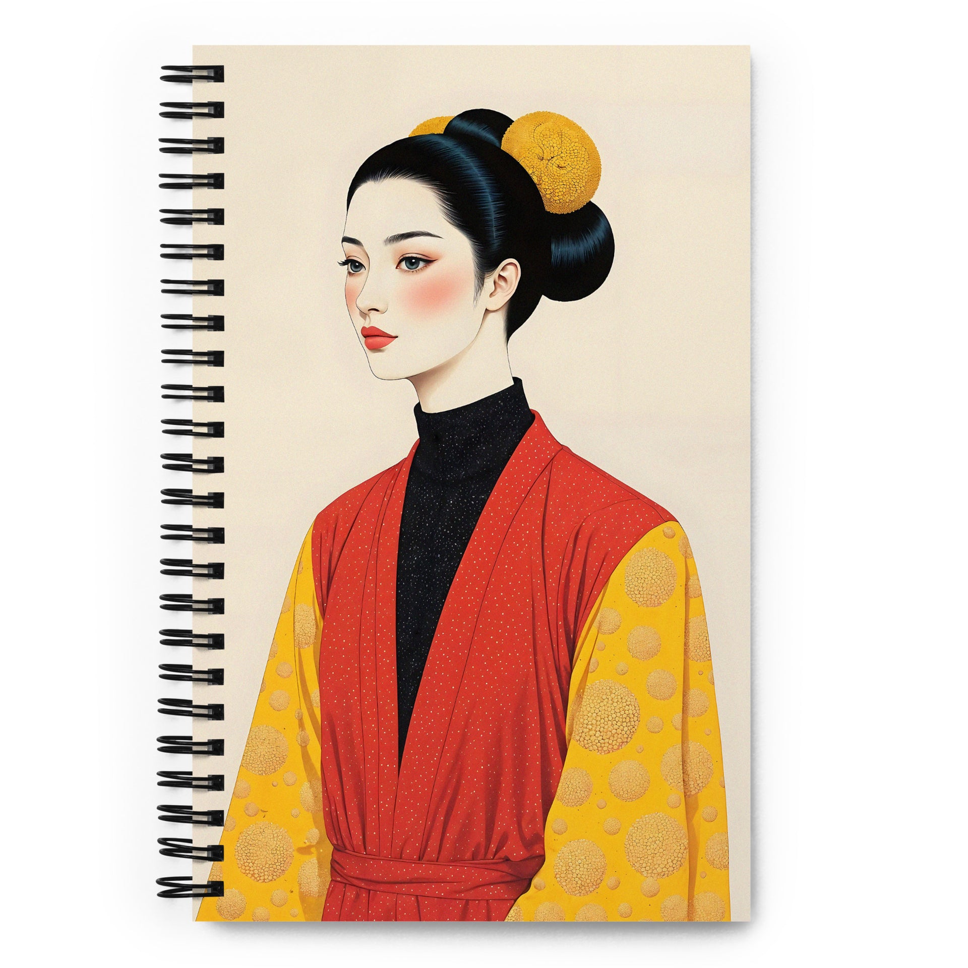 Carnet à spirale A5 MZelle Design illustration recto verso avec une femme en kimono rouge et jaune sur fond écru