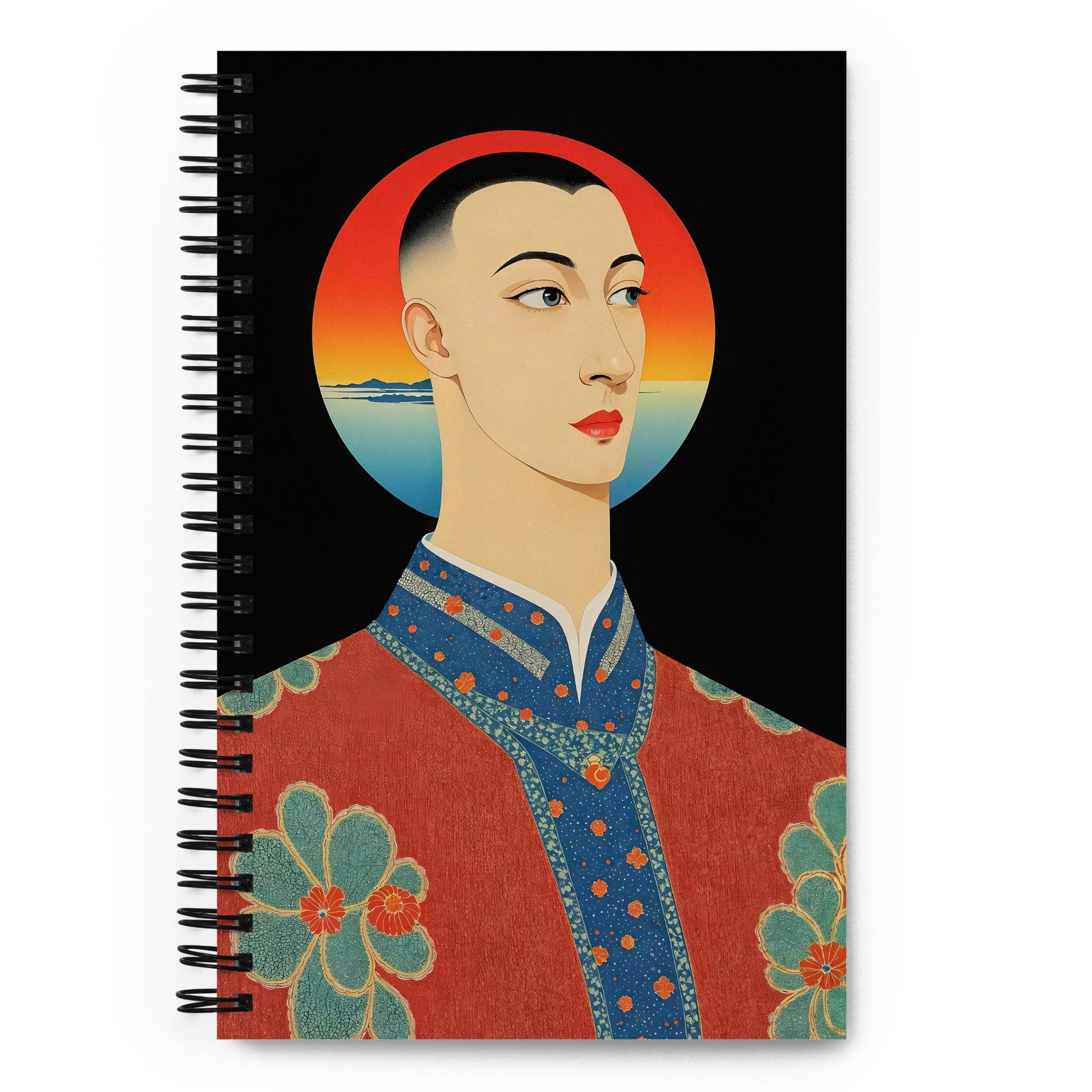 Carnet à spirale A5 MZelle Design illustration recto verso avec un personnage asiatique en kimono sur fond noir