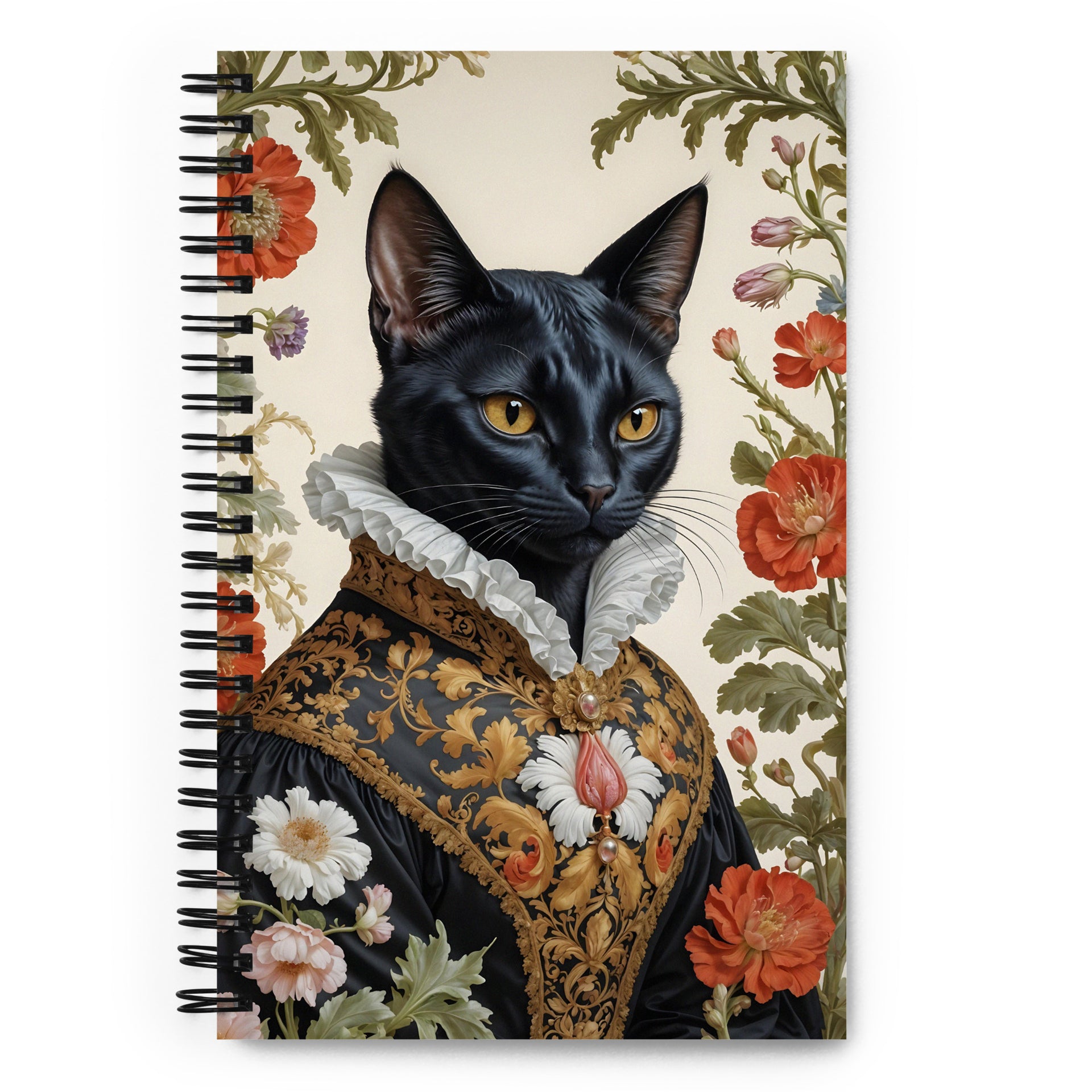 Carnet à spirale MZelle Design format A5 illustré recto verso motif chat noir baroque sur fond de fleurs