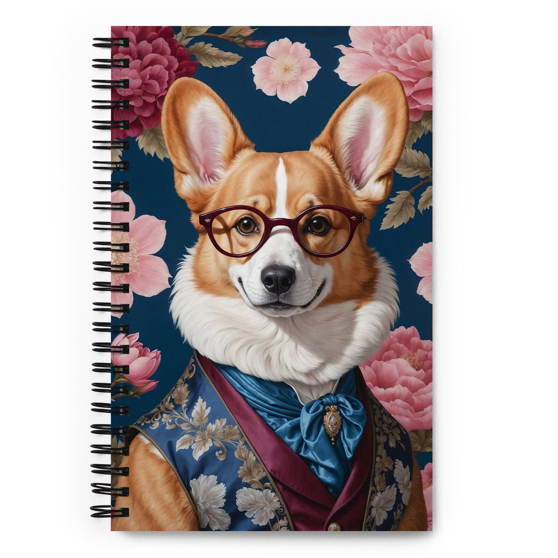 Carnet à spirale MZelle Design format A5 illustré recto verso motif chien corgi à lunettes sur fond de fleurs