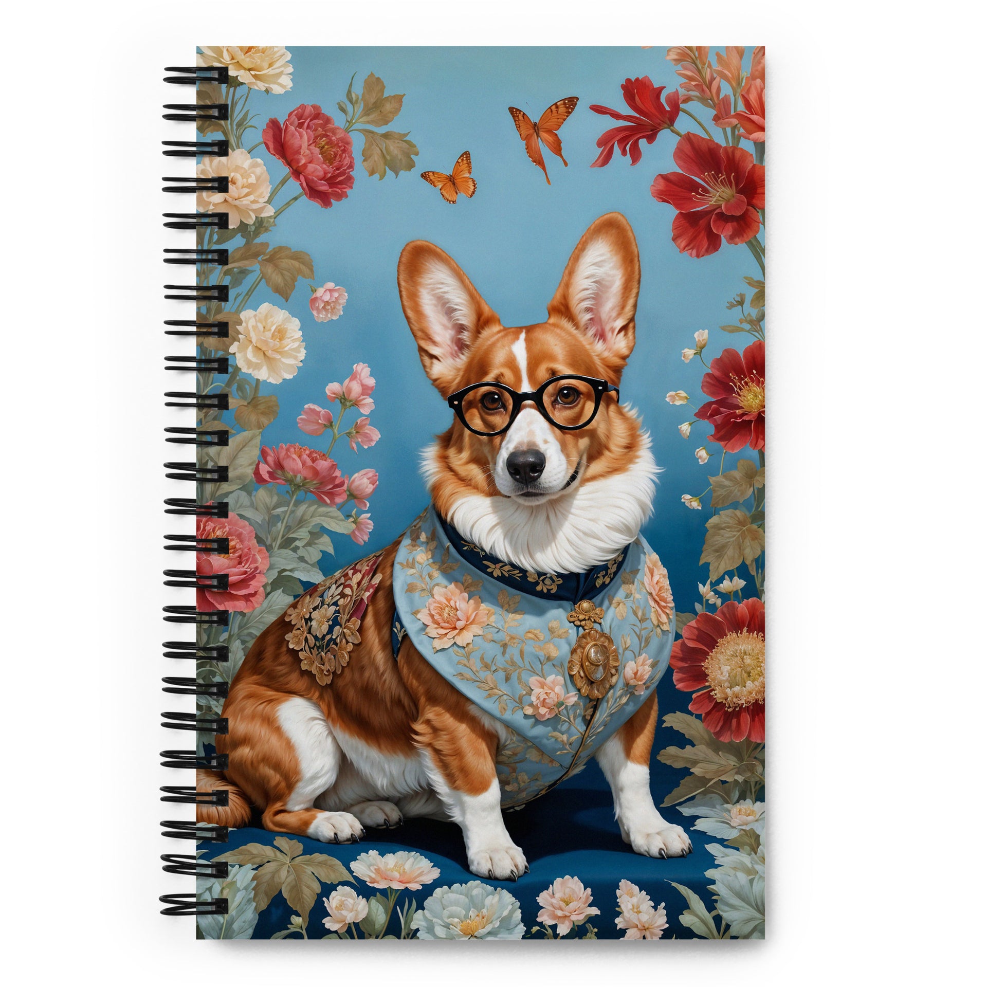 Carnet à spirale MZelle Design format A5 illustré recto verso motif chien corgi à lunettes sur fond de fleurs