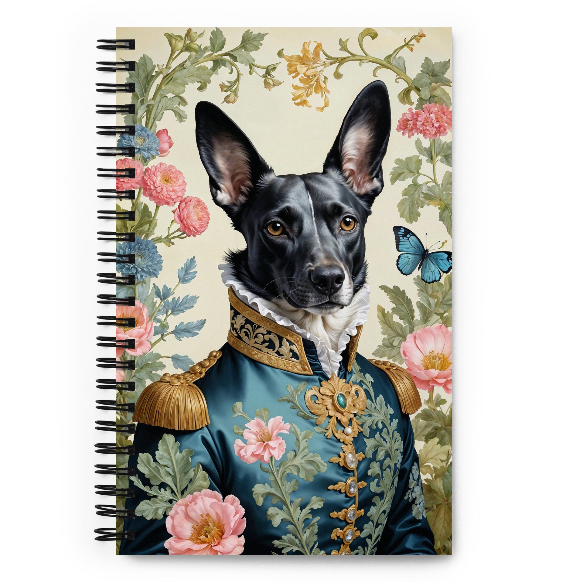 Carnet à spirale MZelle Design format A5 illustré recto verso motif doberman en tenue militaire sur fond de fleurs
