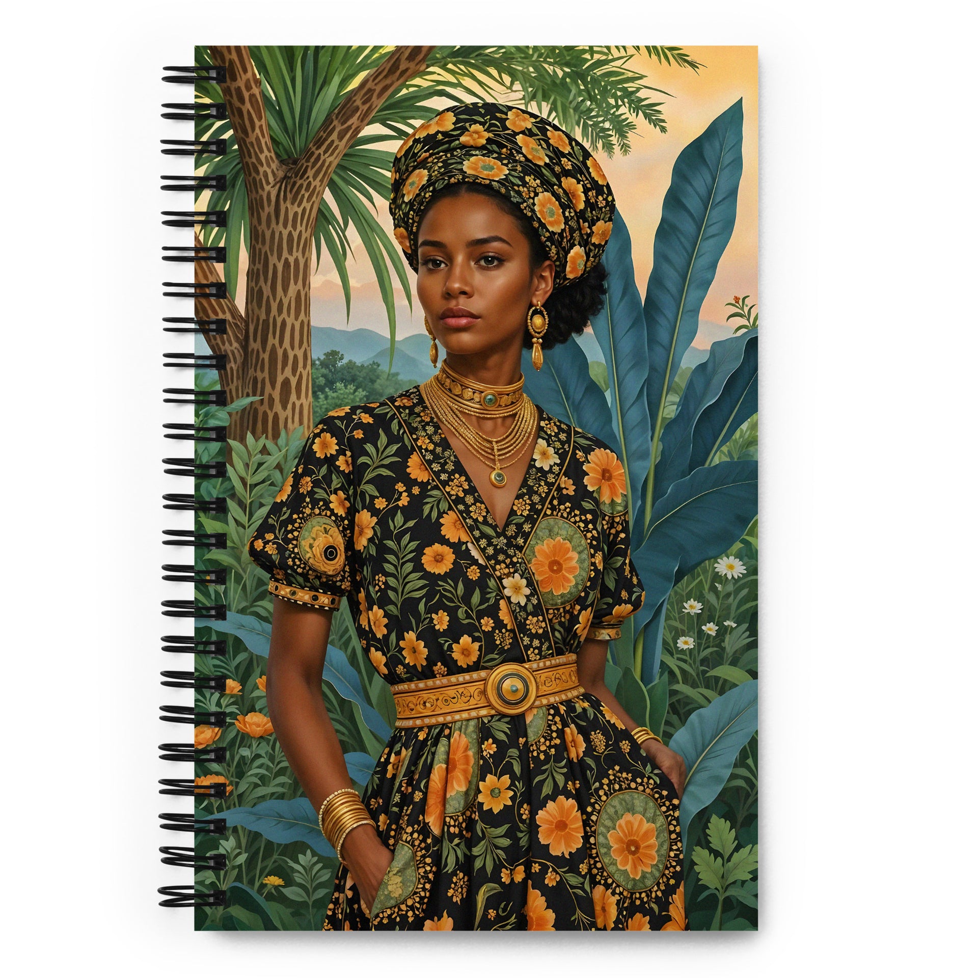 Carnet à spirale MZelle Design format A5 illustré recto verso motif femme créole mode sur fond de paysage antilles