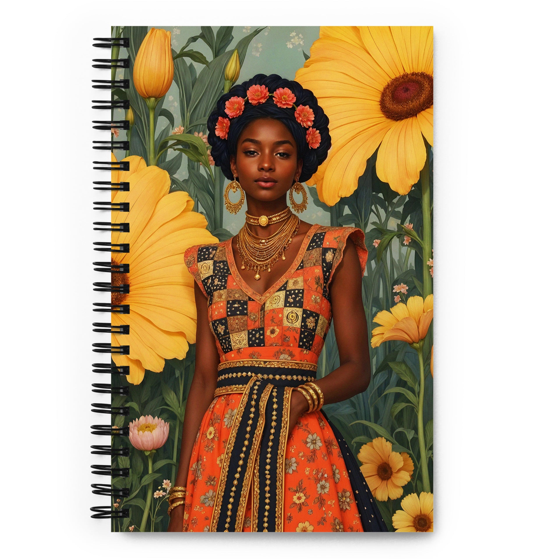 Carnet à spirale MZelle Design format A5 illustré recto verso motif femme créole mode sur fond de fleurs