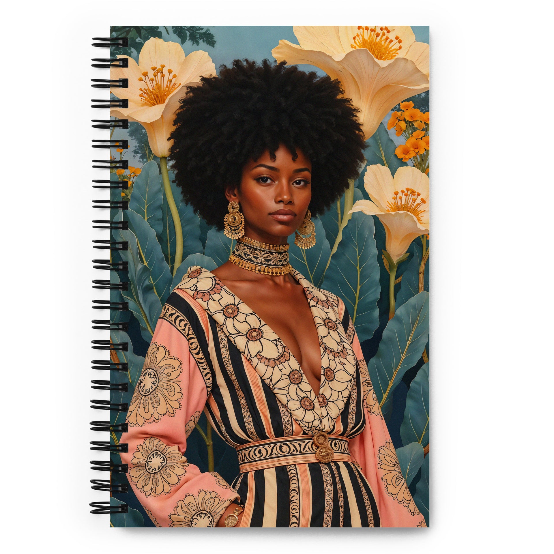 Carnet à spirale MZelle Design format A5 illustré recto verso motif femme créole mode sur fond de fleurs