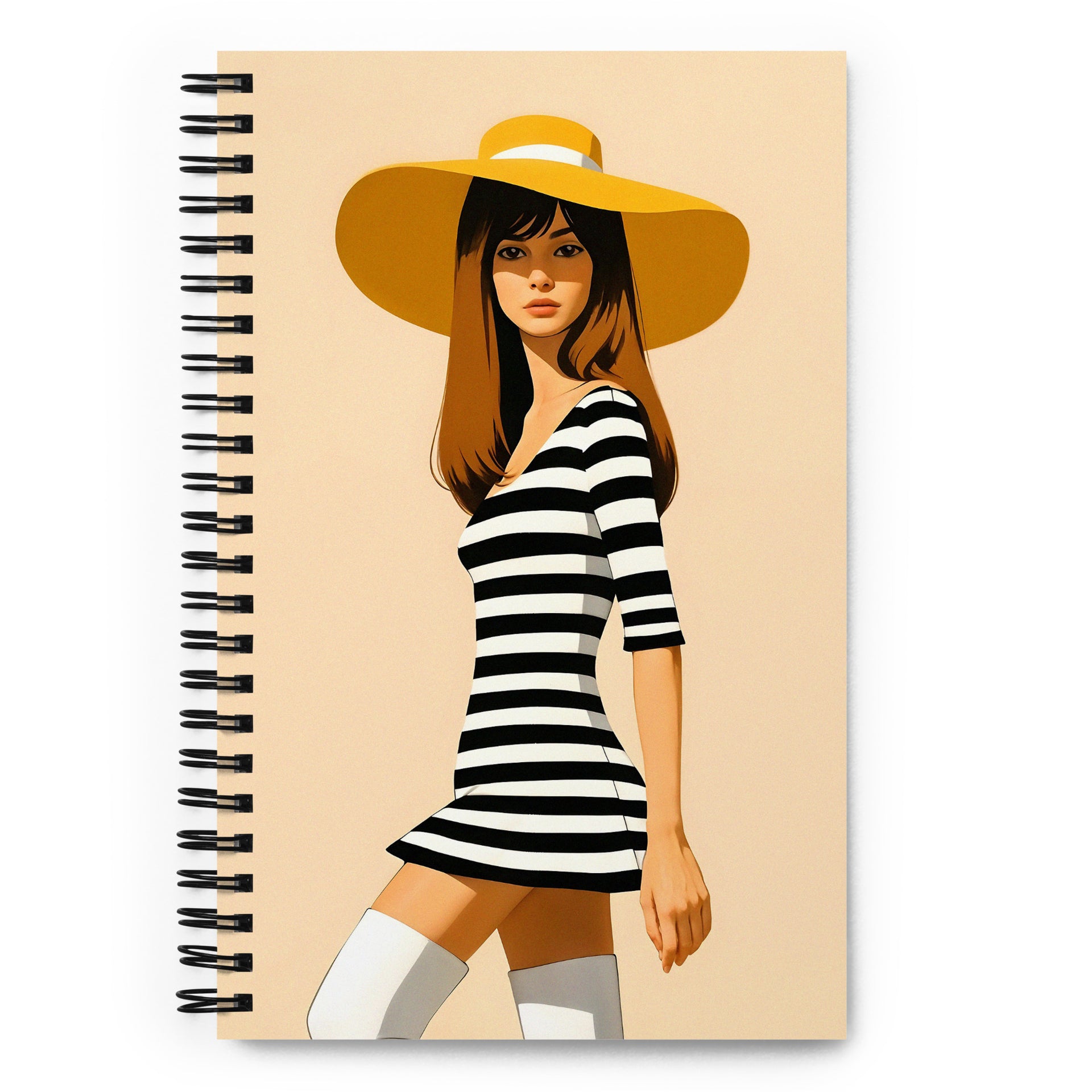 Carnet à spirale MZelle Design format A5 illustré recto verso motif vintage femme sixties rayures