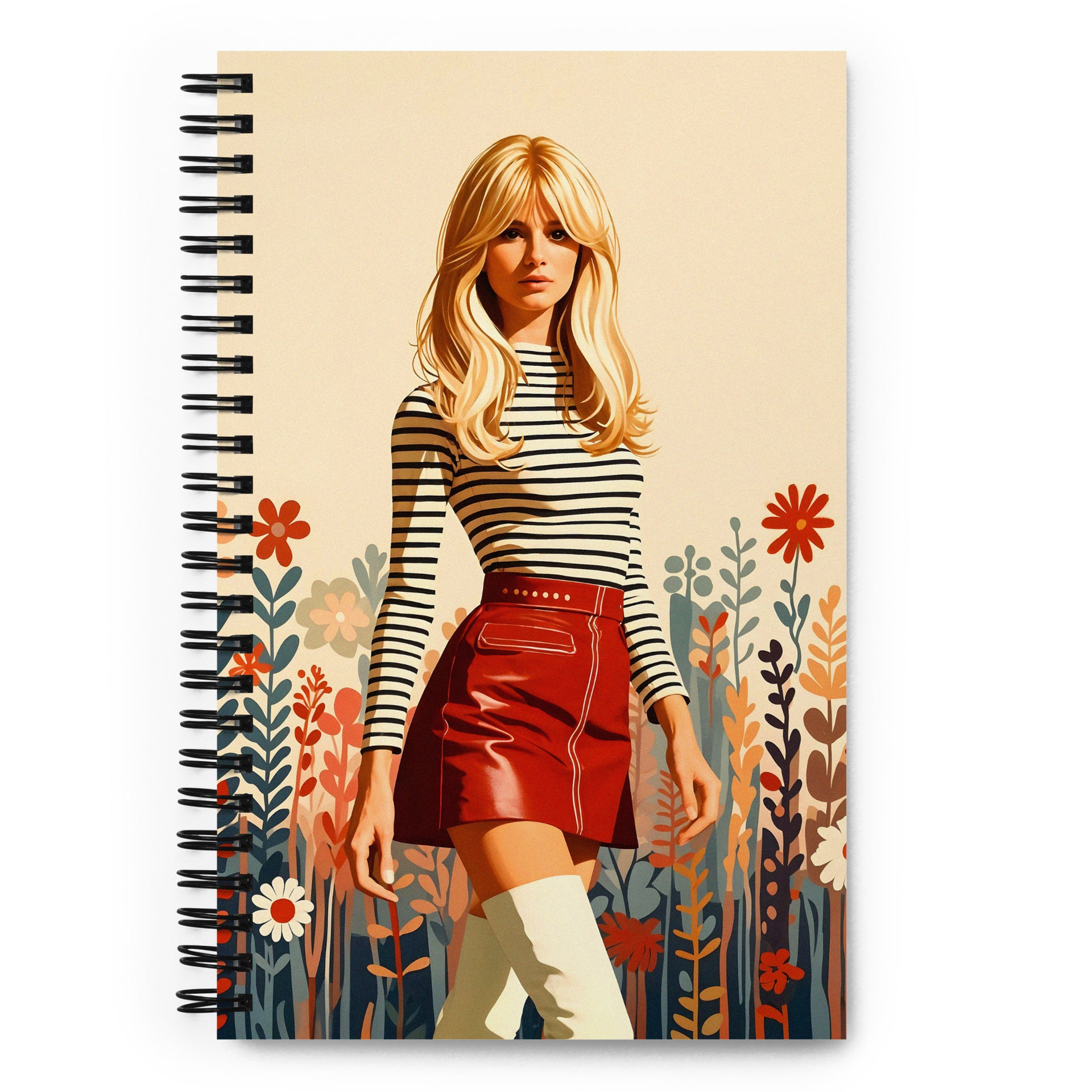 Carnet à spirale MZelle Design format A5 illustré recto verso motif vintage femme blonde sixties pull rayé et jupe rouge