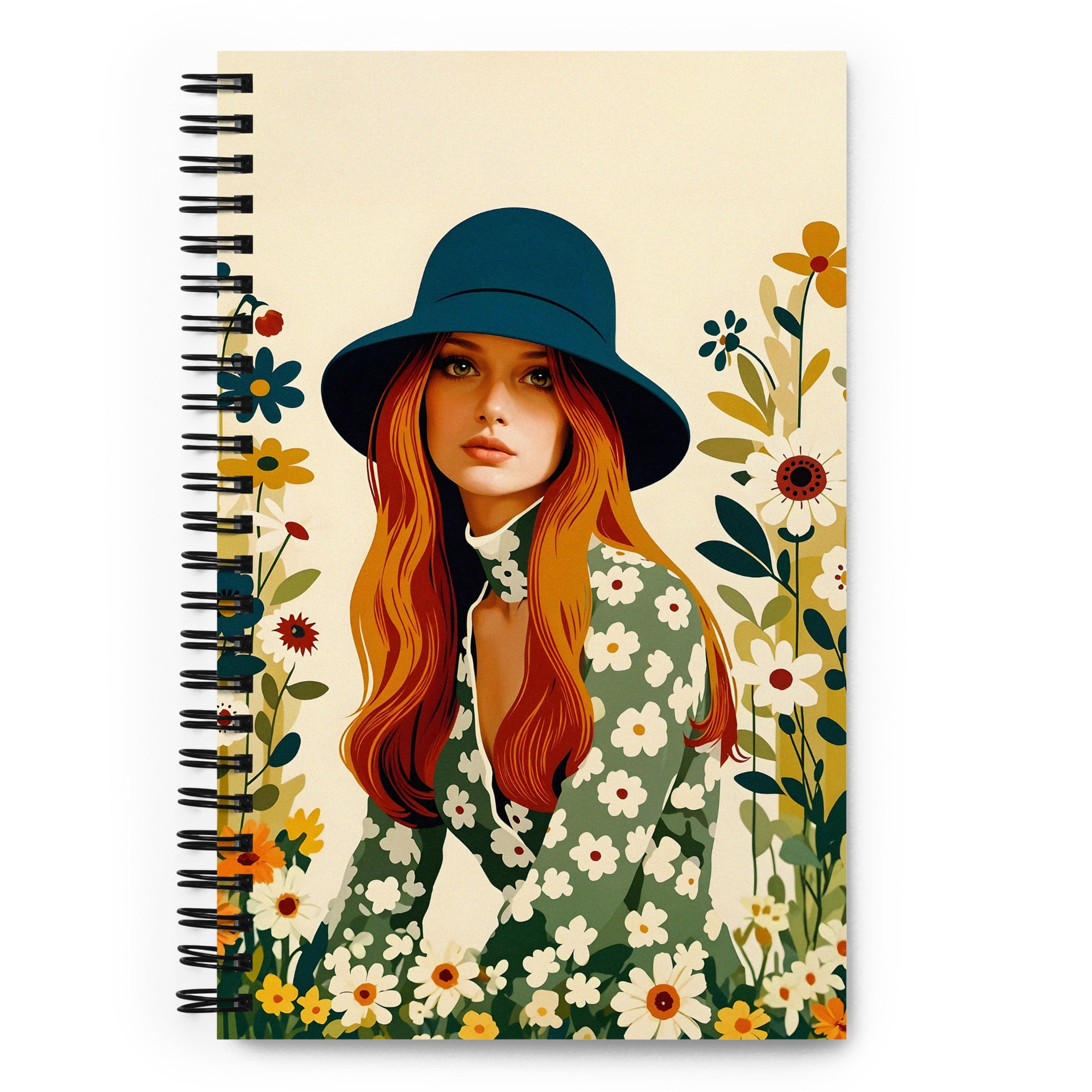 Carnet à spirale MZelle Design format A5 illustré recto verso motif vintage femme sixties avec un chapeu bleu