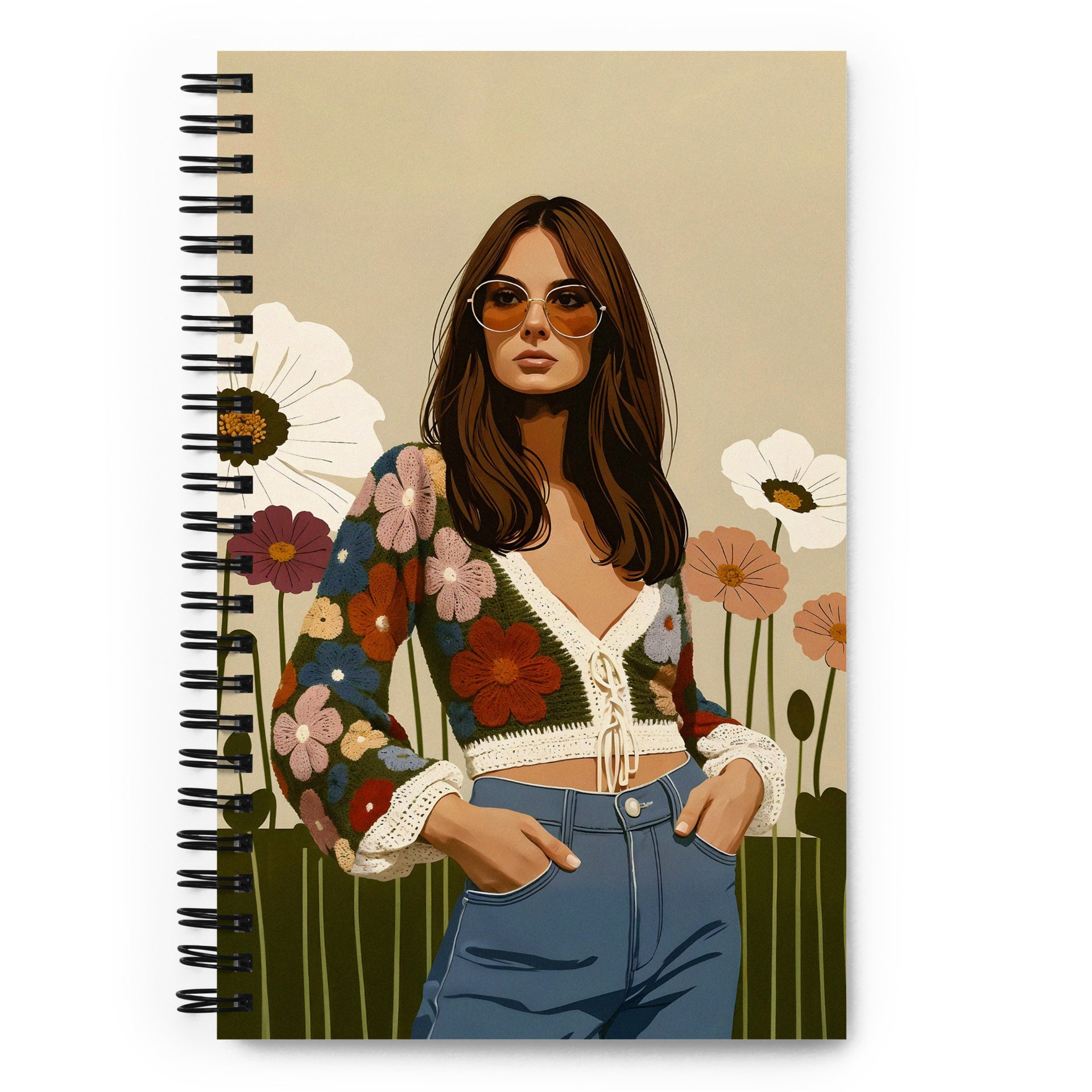 Carnet à spirale MZelle Design format A5 illustré recto verso motif vintage femme sixties en tenue de crochet