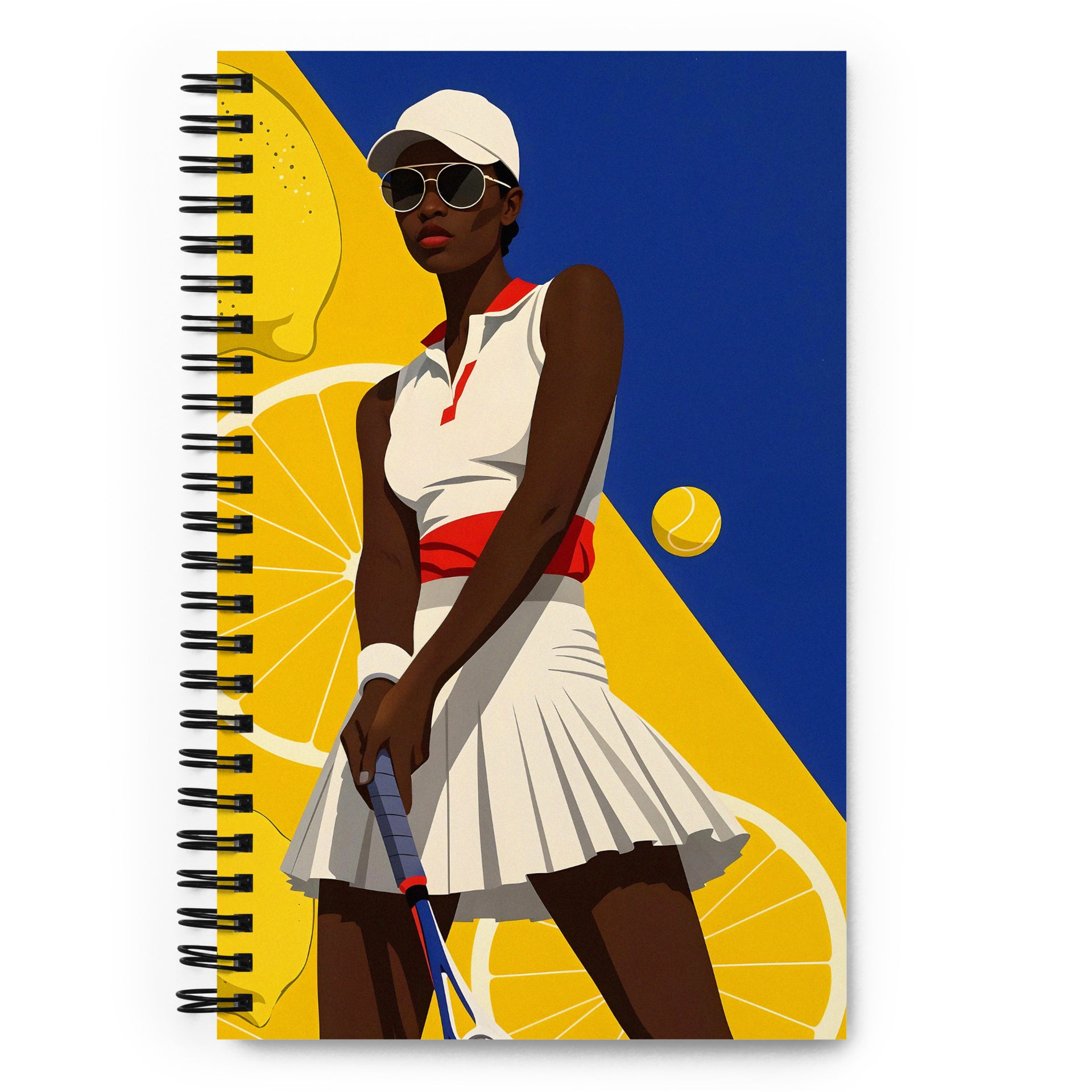 Cernet à spirale imprimé joueuse de Tennis sur fond bleu et jaune Mzelle Design