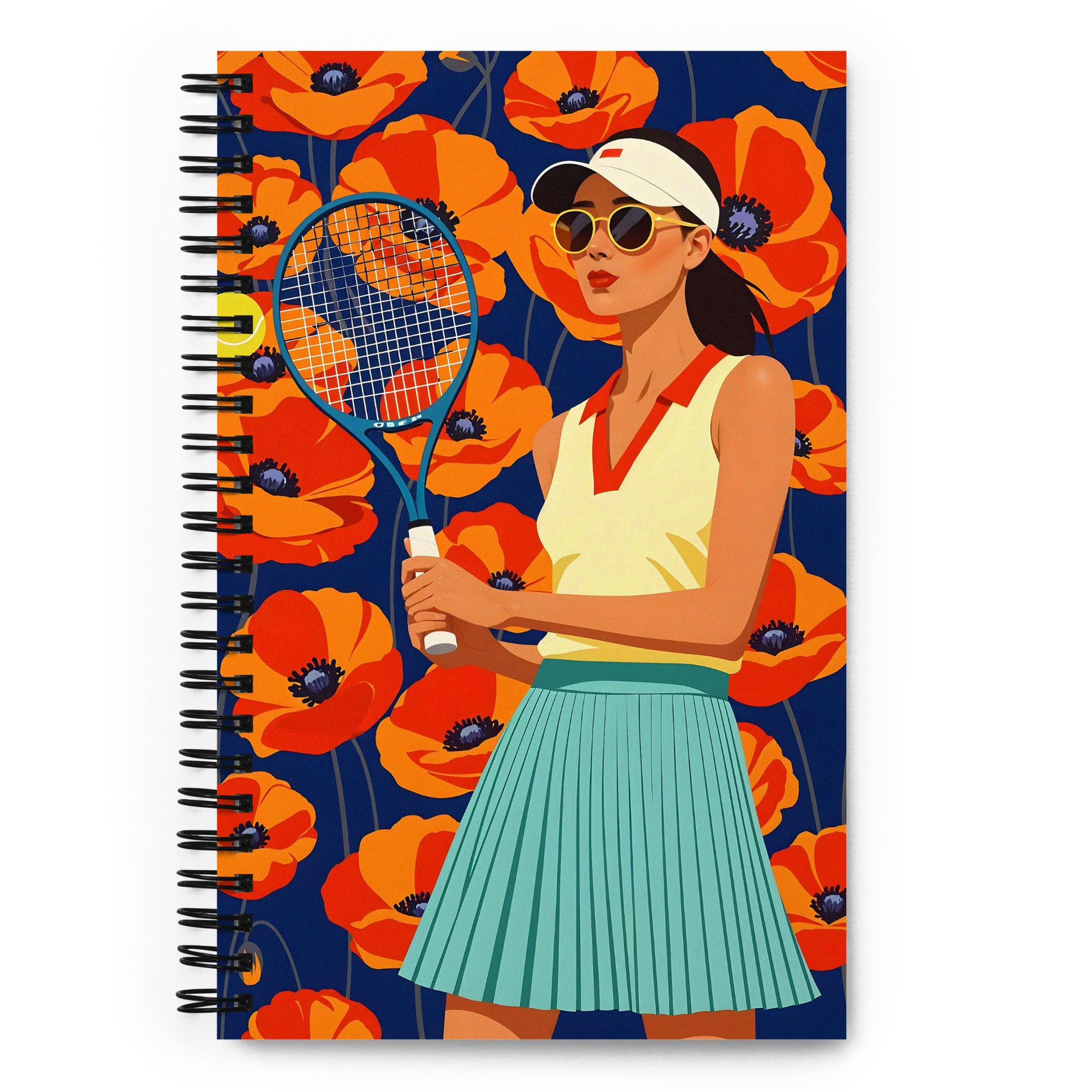 Carnet à spirale MZelle Design format A5 illustré recto verso motif joueuse de tennis et coquelicots oranges