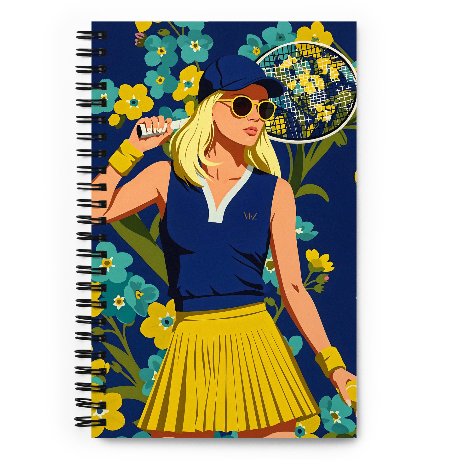 Carnet à spirale MZelle Design format A5 illustré recto verso motif joueuse de tennis et fleurs bleues