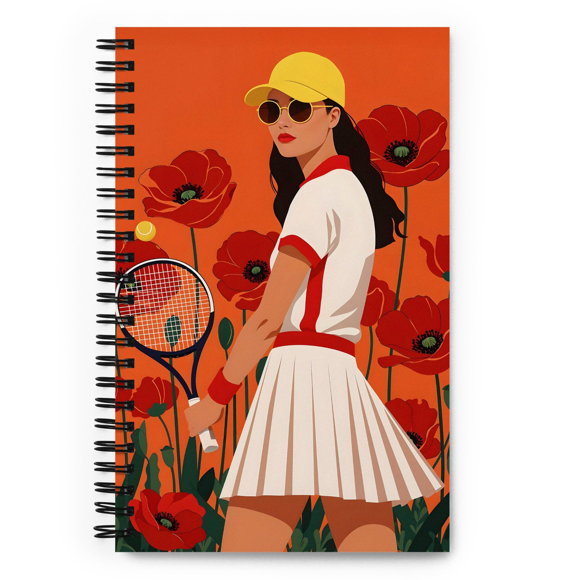 Carnet à spirale MZelle Design format A5 illustré recto verso motif joueuse de tennis et coquelicots rouges