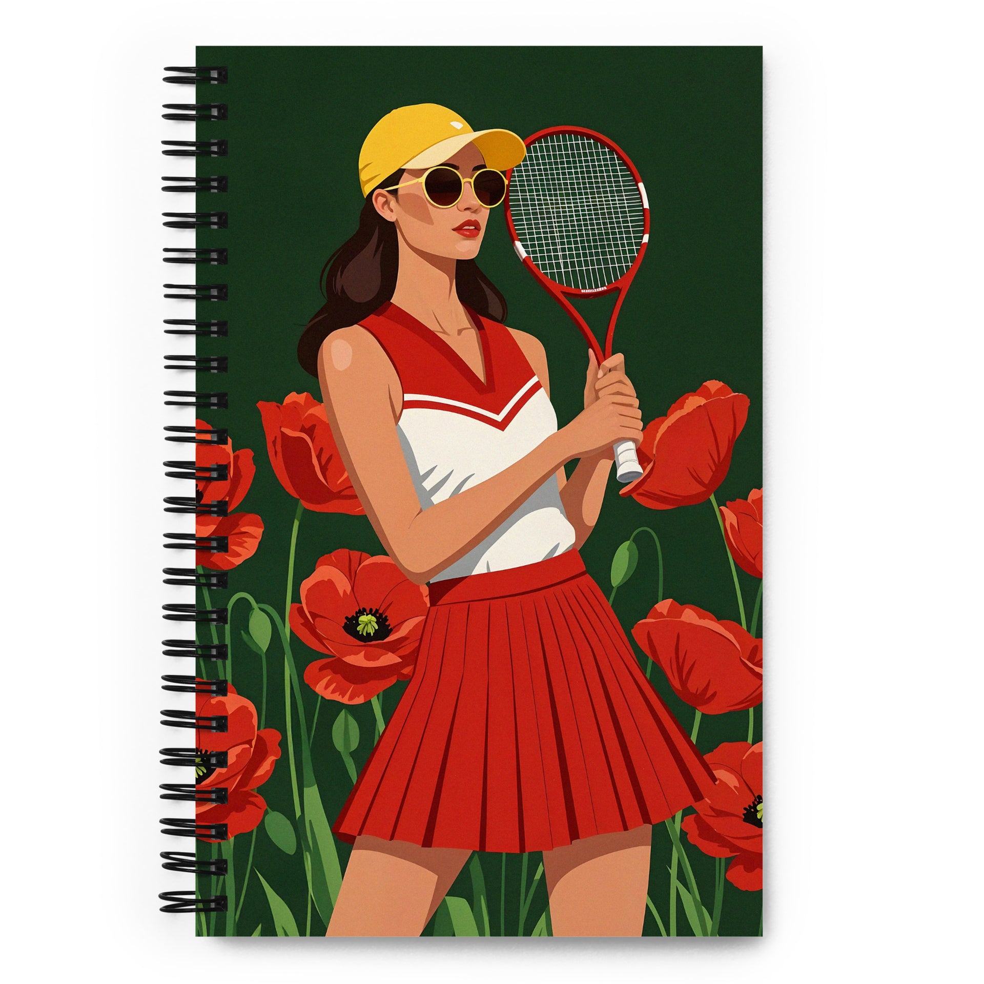 Carnet à spirale MZelle Design format A5 illustré recto verso motif joueuse de tennis et coquelicots rouges
