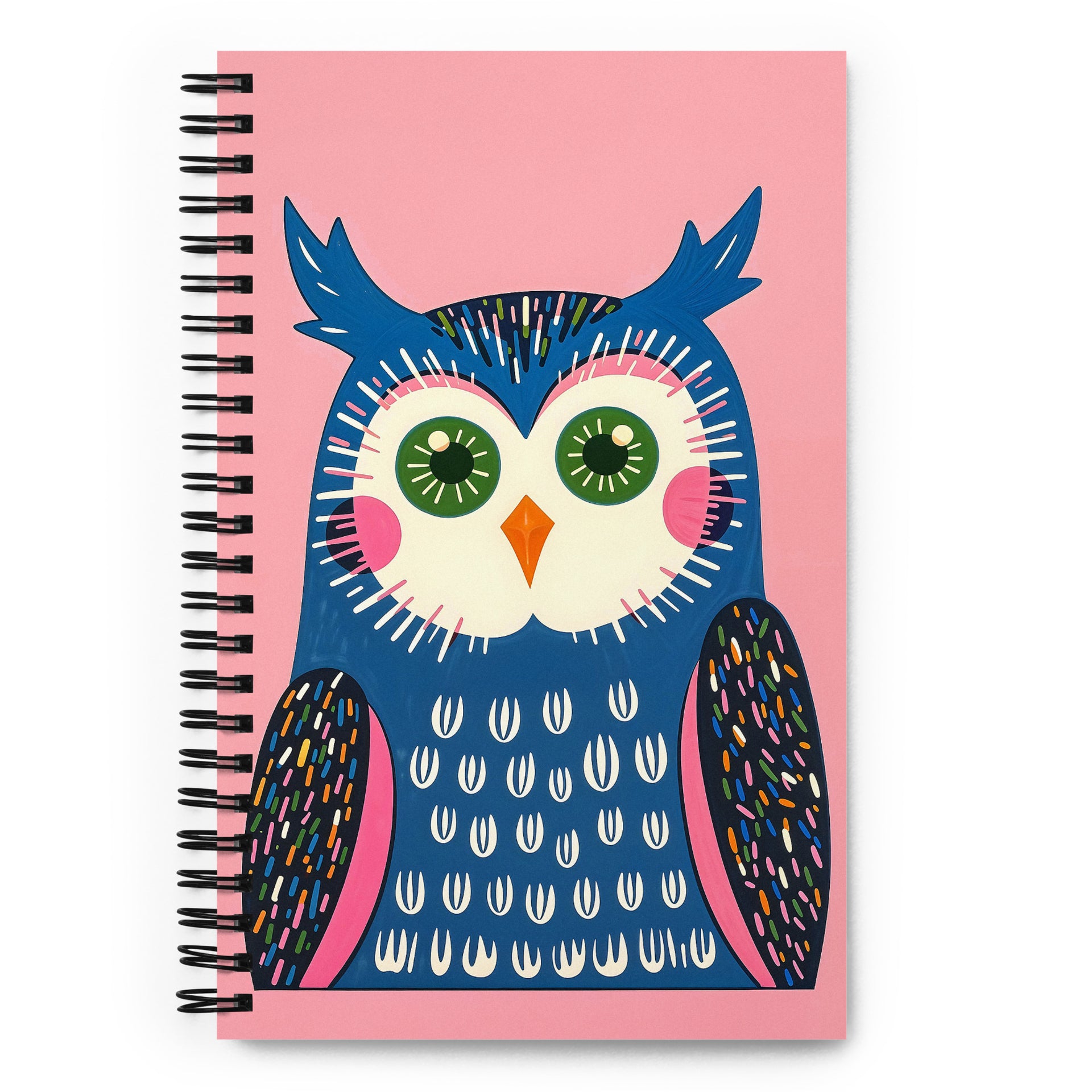 Carnet à spirale A5 MZelle Design Motif illustré moderne de Hiboux, recto et verso sur un fond uni rose