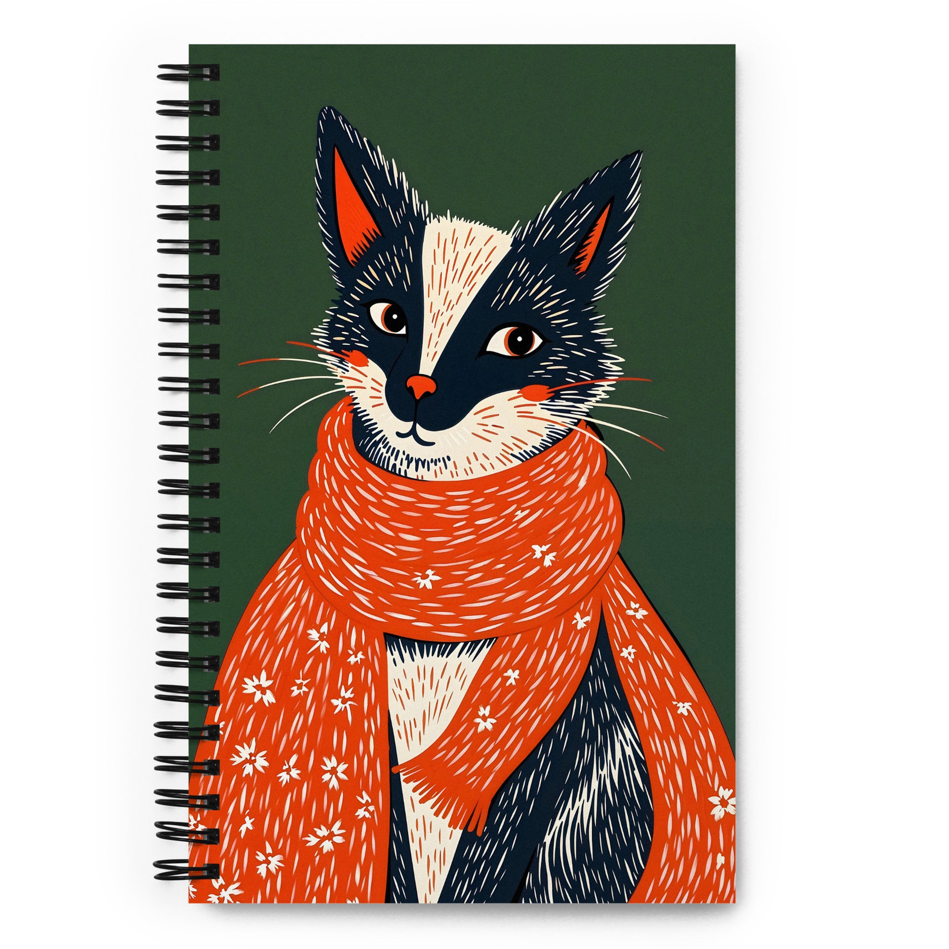 Carnet à spirale A5 MZelle Design Motif illustré moderne, renard avec une écharppe rouge, recto et verso sur un fond uni vert