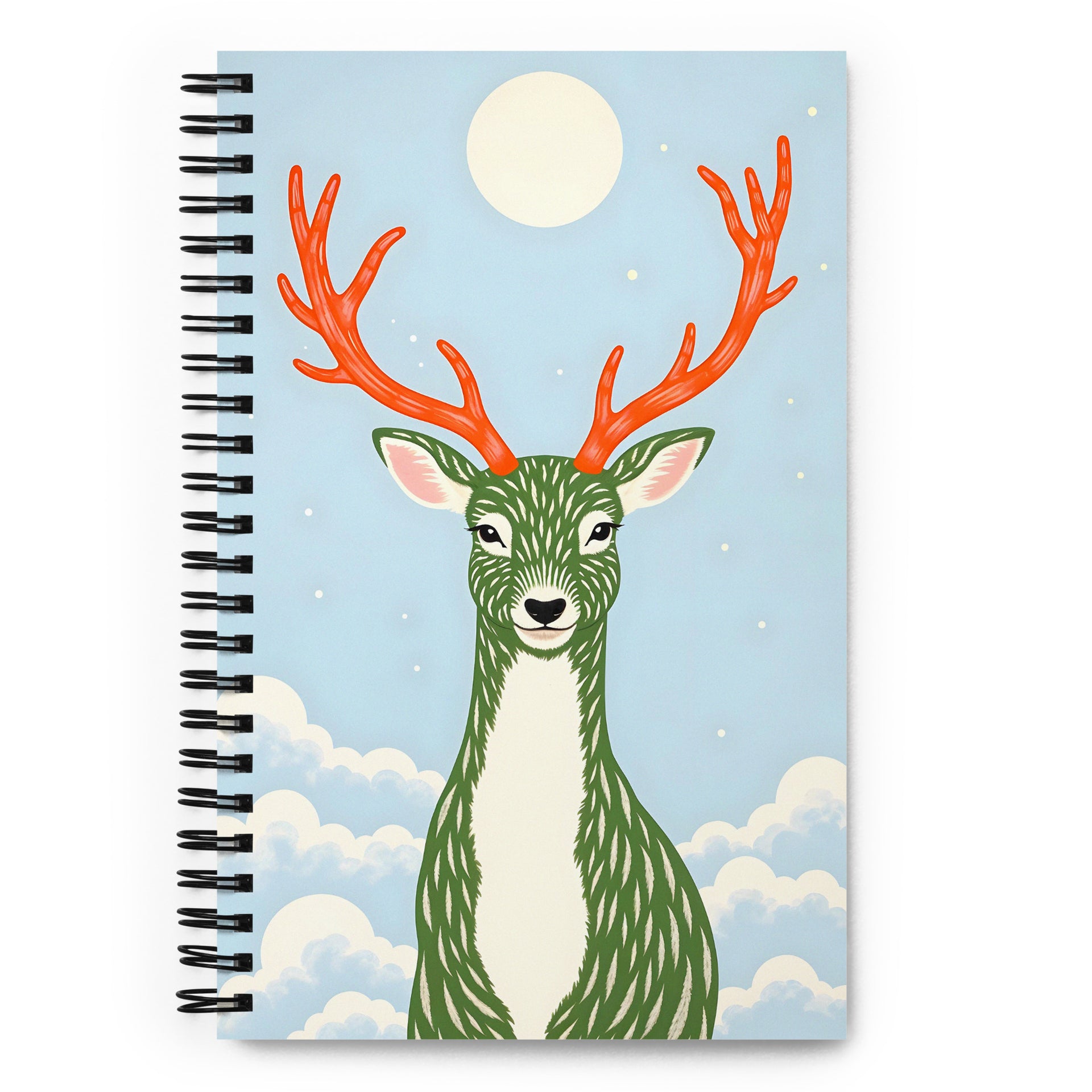 Carnet à spirale A5 MZelle Design Motif illustré moderne de cerfs verts recto et verso sur un fond bleu ciel